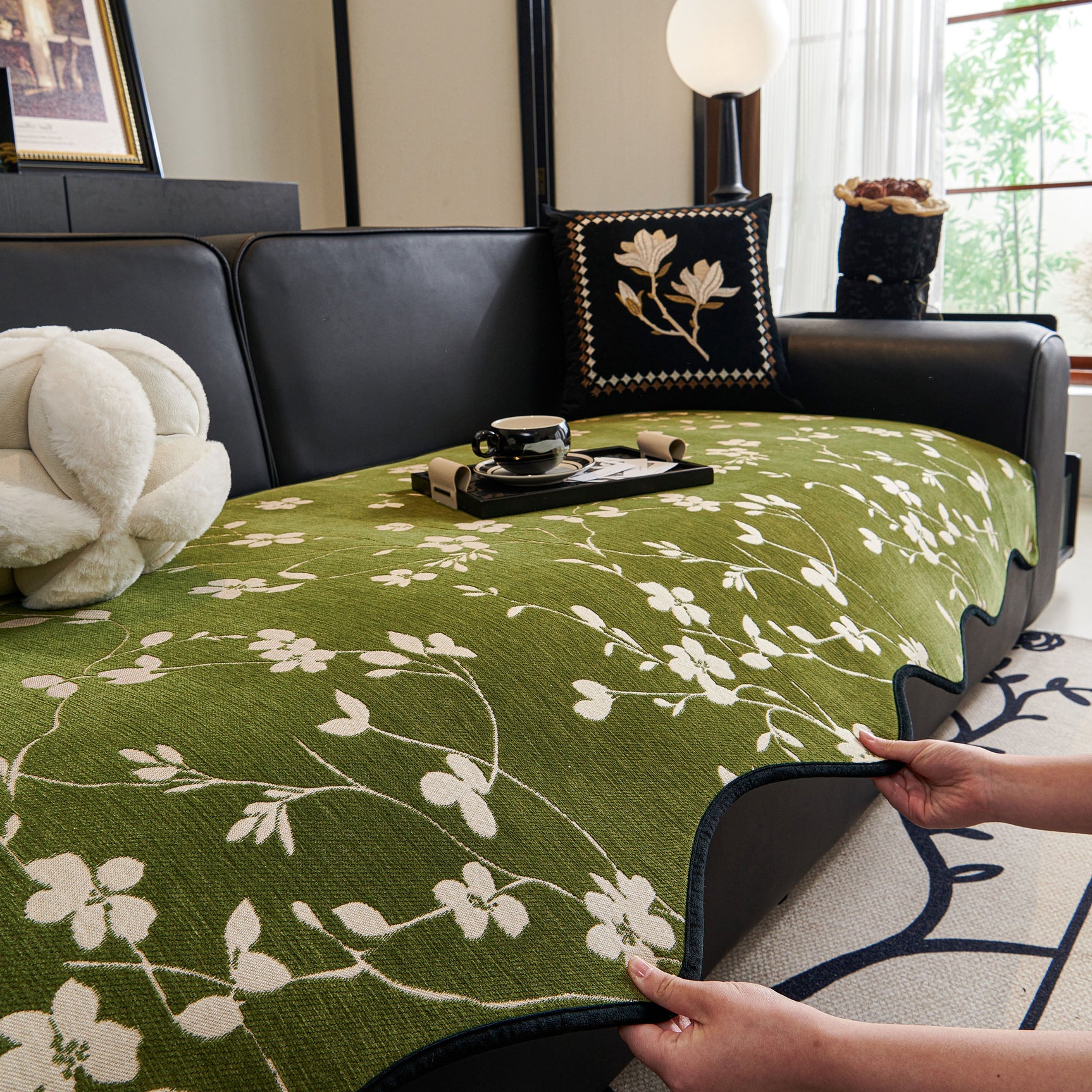 Floral Chenille Couch Cover, Non-Slip Sofa Slipcover Protector for Furniture - Ornate Home