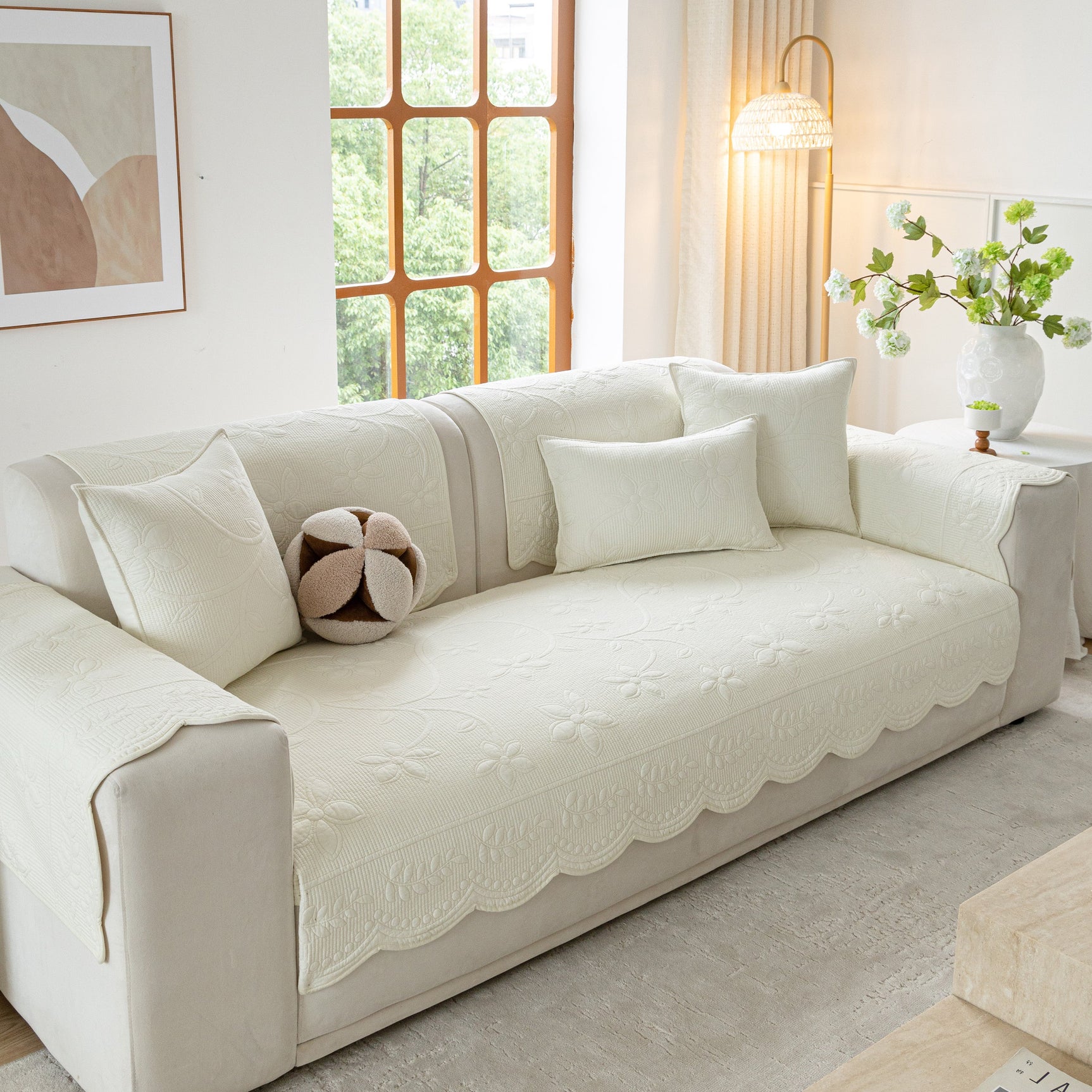 Floral Cotton Quilted Sofa Cover, Non-Slip Couch Protector with Scalloped Edges - Ornate Home