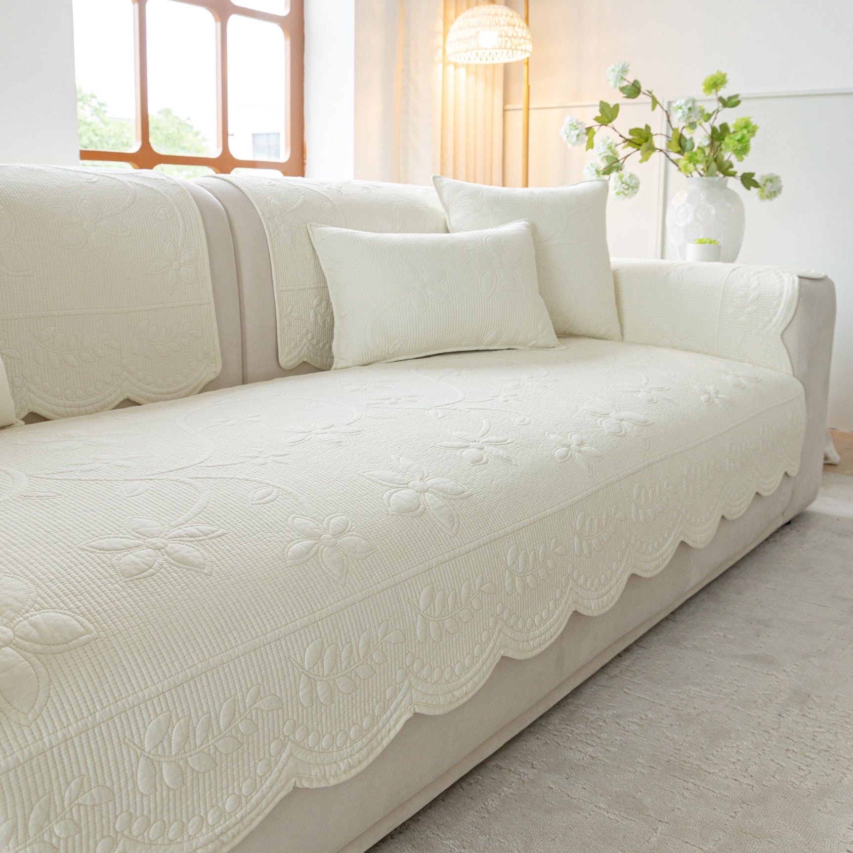 Floral Cotton Quilted Sofa Cover, Non-Slip Couch Protector with Scalloped Edges - Ornate Home