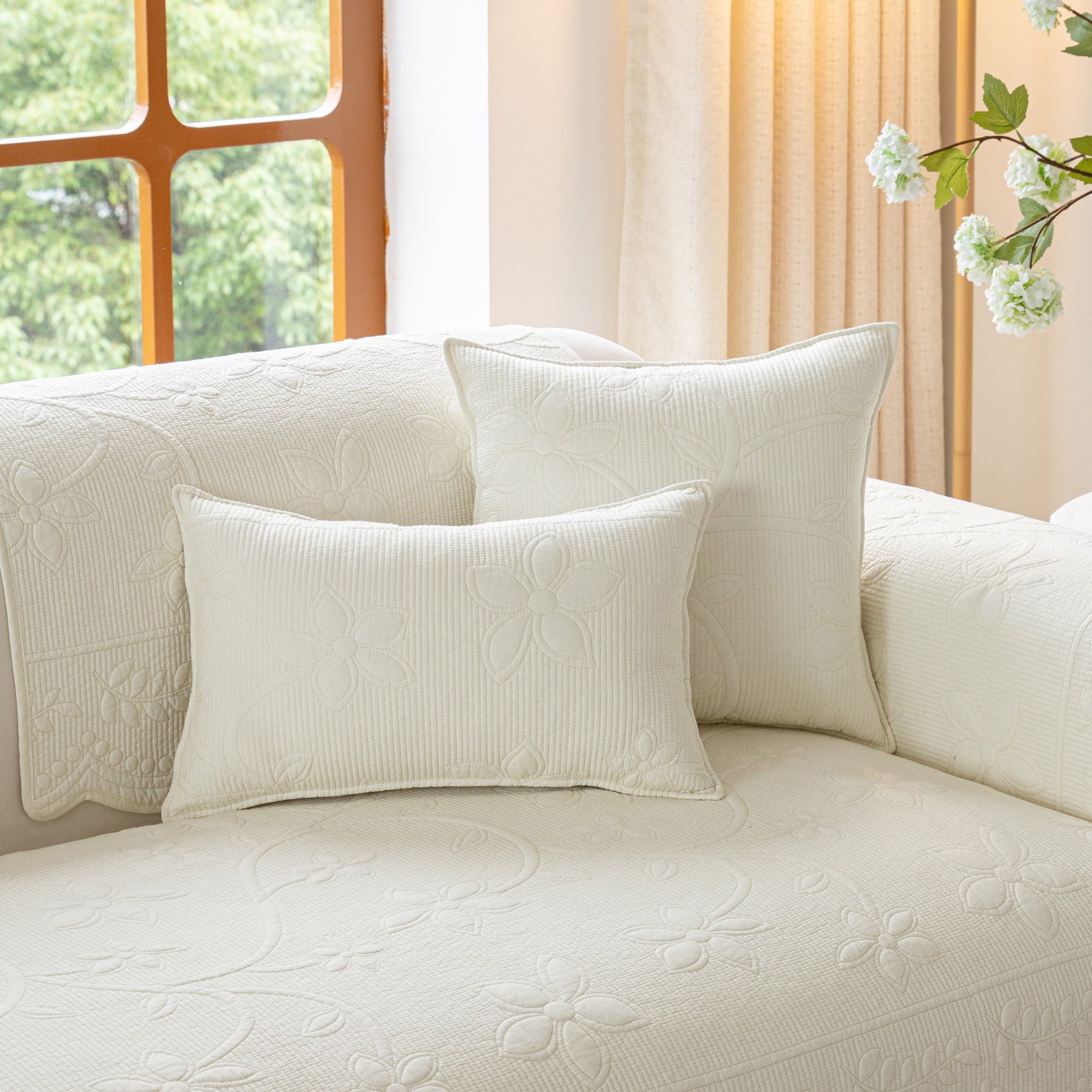 Floral Cotton Quilted Sofa Cover, Non-Slip Couch Protector with Scalloped Edges - Ornate Home