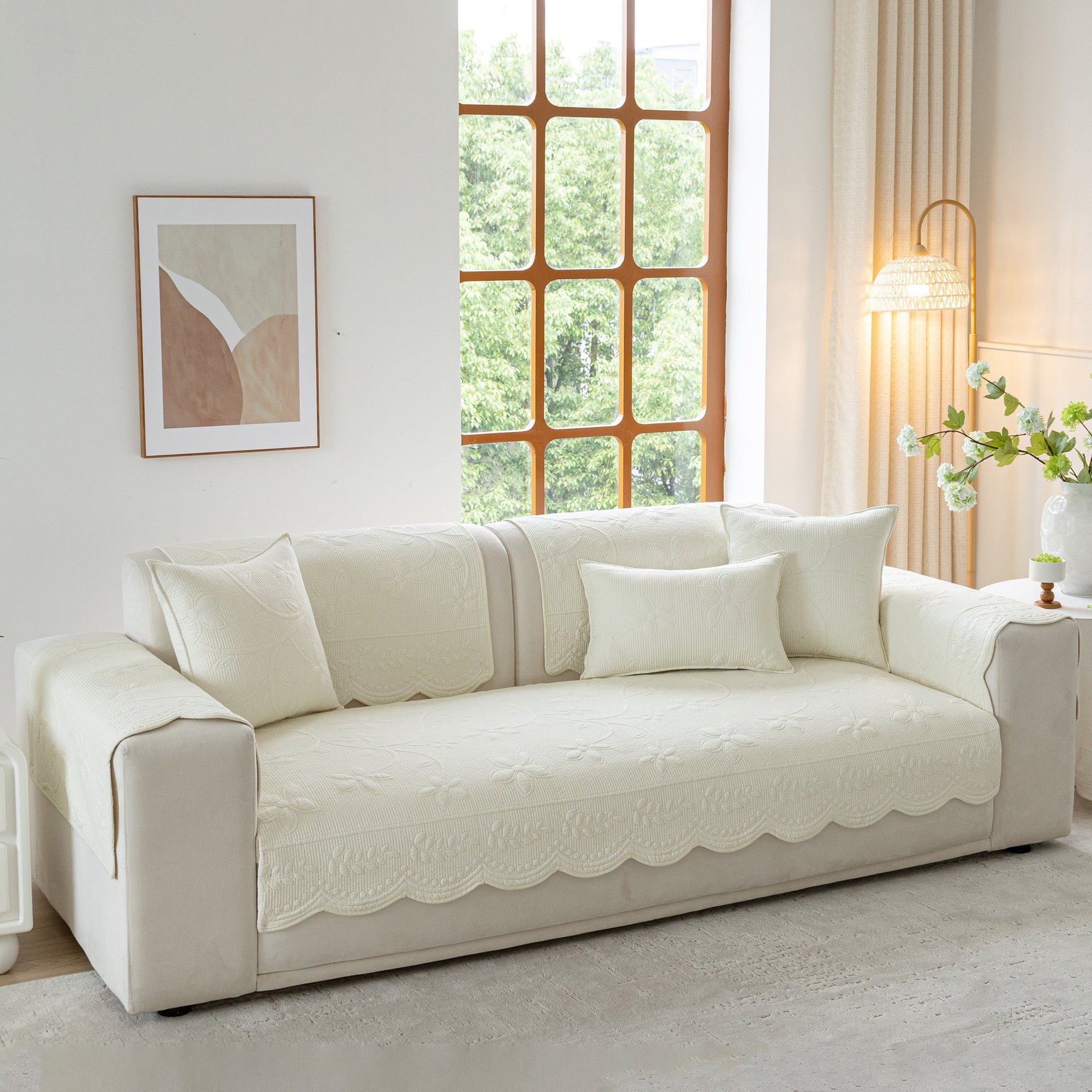 Floral Cotton Quilted Sofa Cover, Non-Slip Couch Protector with Scalloped Edges - Ornate Home