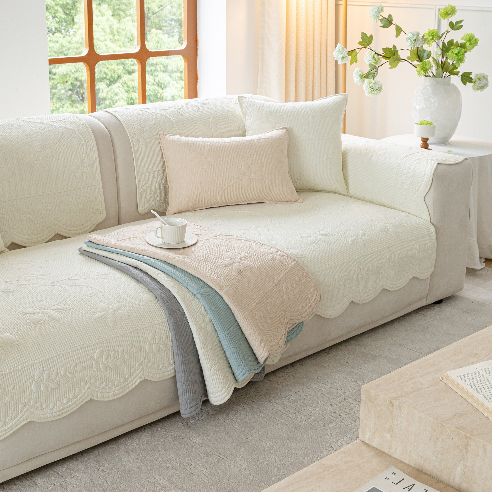 Floral Cotton Quilted Sofa Cover, Non-Slip Couch Protector with Scalloped Edges - Ornate Home