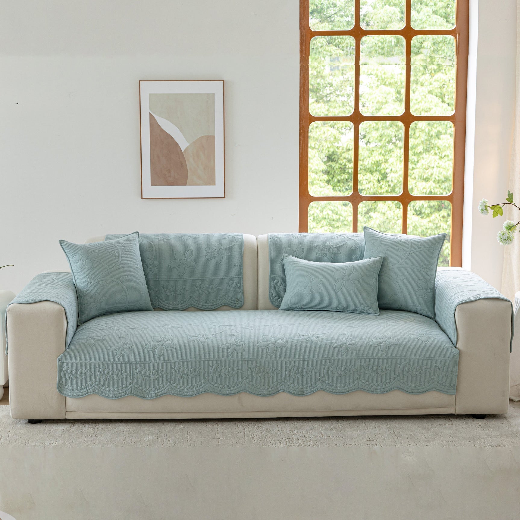 Floral Cotton Quilted Sofa Cover, Non-Slip Couch Protector with Scalloped Edges - Ornate Home