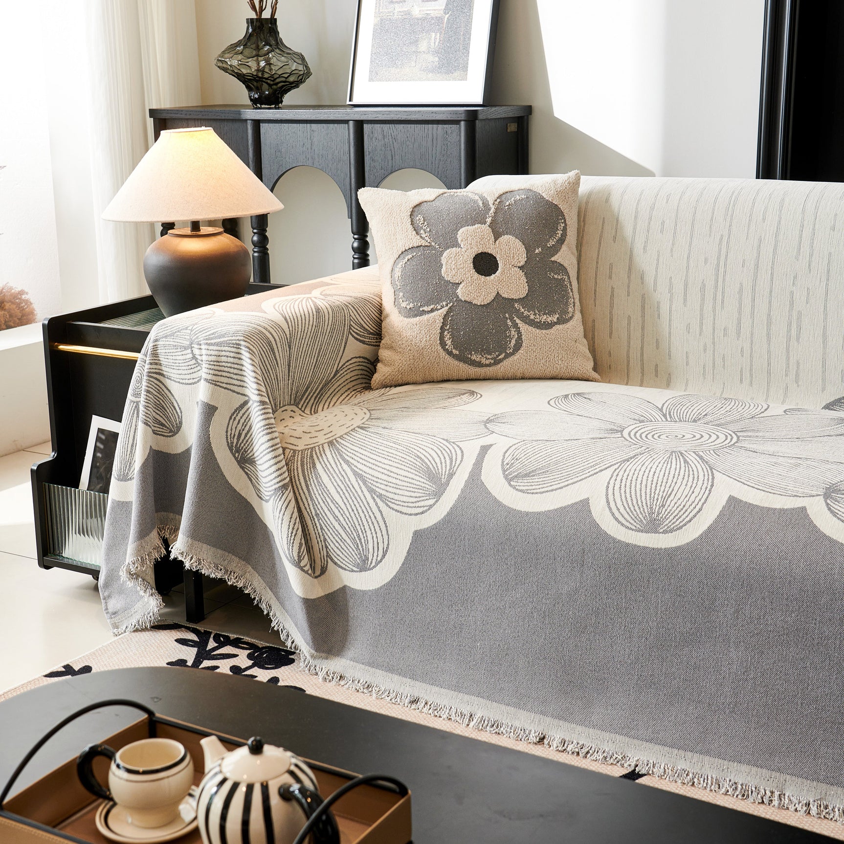 Floral Sofa Slipcovers Reversible Sofa Throw Covers with Tassels Pretty Furniture Covers for Sofas - Ornate Home