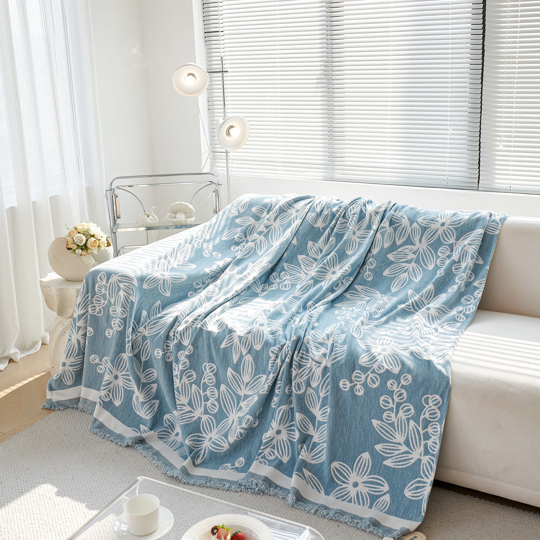 Floral Symphony Couch Throw Cover with Tassel, Chenille Sofa Cover with Leafy Melodies for Sectional - Ornate Home