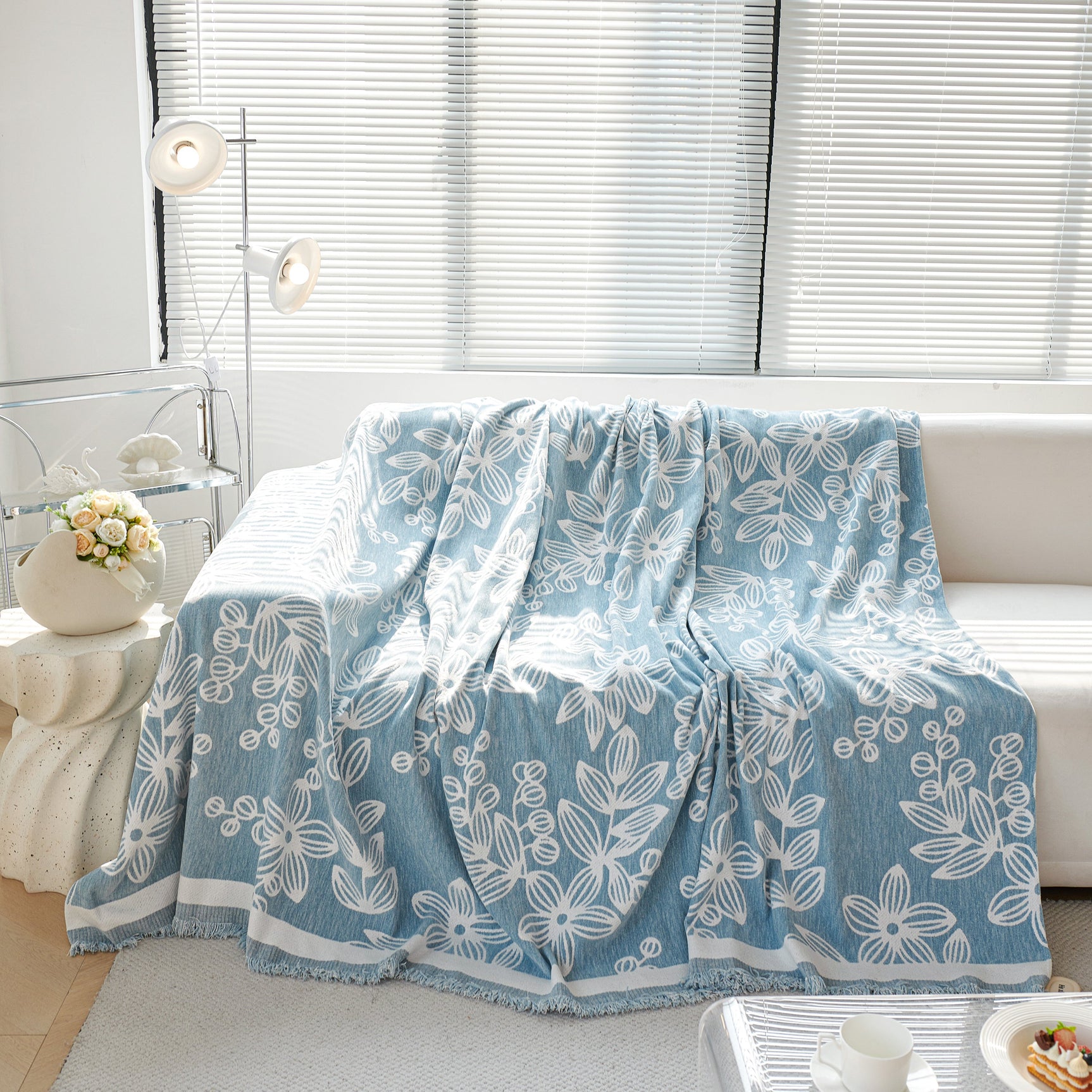 Floral Symphony Couch Throw Cover with Tassel, Chenille Sofa Cover with Leafy Melodies for Sectional - Ornate Home