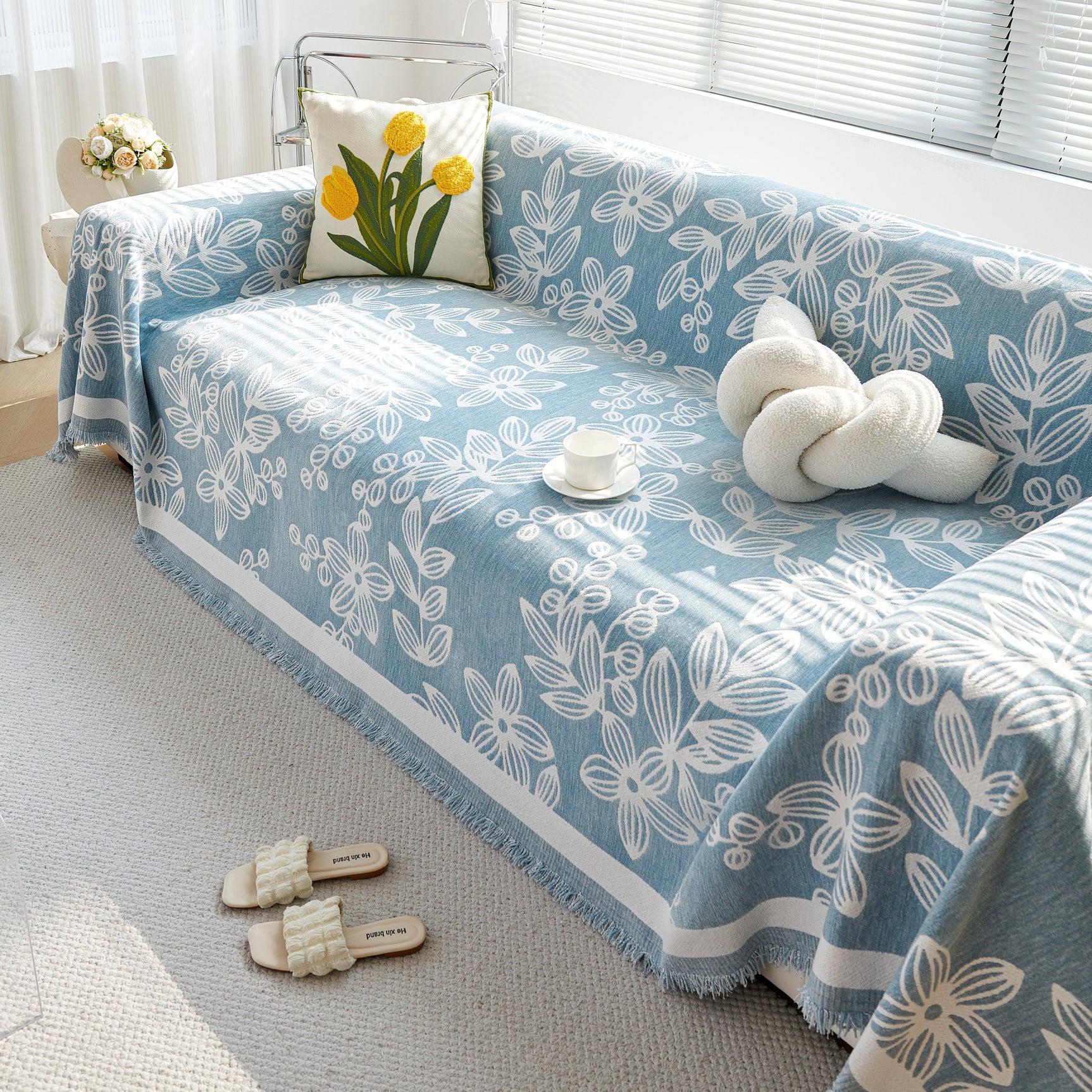 Floral Symphony Couch Throw Cover with Tassel, Chenille Sofa Cover with Leafy Melodies for Sectional - Ornate Home