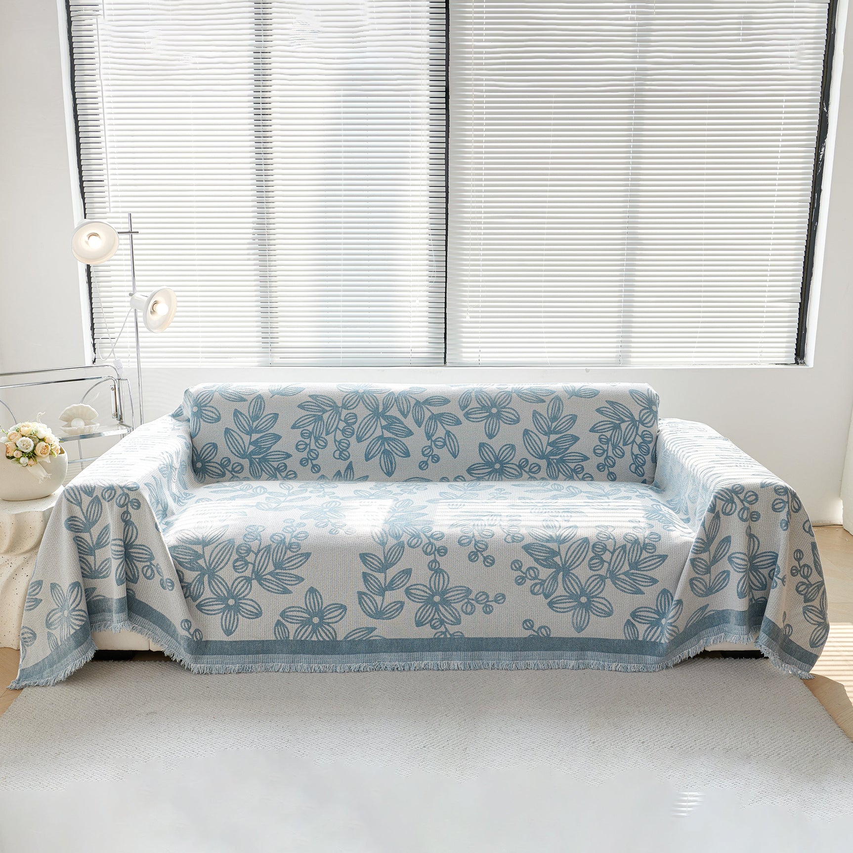 Floral Symphony Couch Throw Cover with Tassel, Chenille Sofa Cover with Leafy Melodies for Sectional - Ornate Home