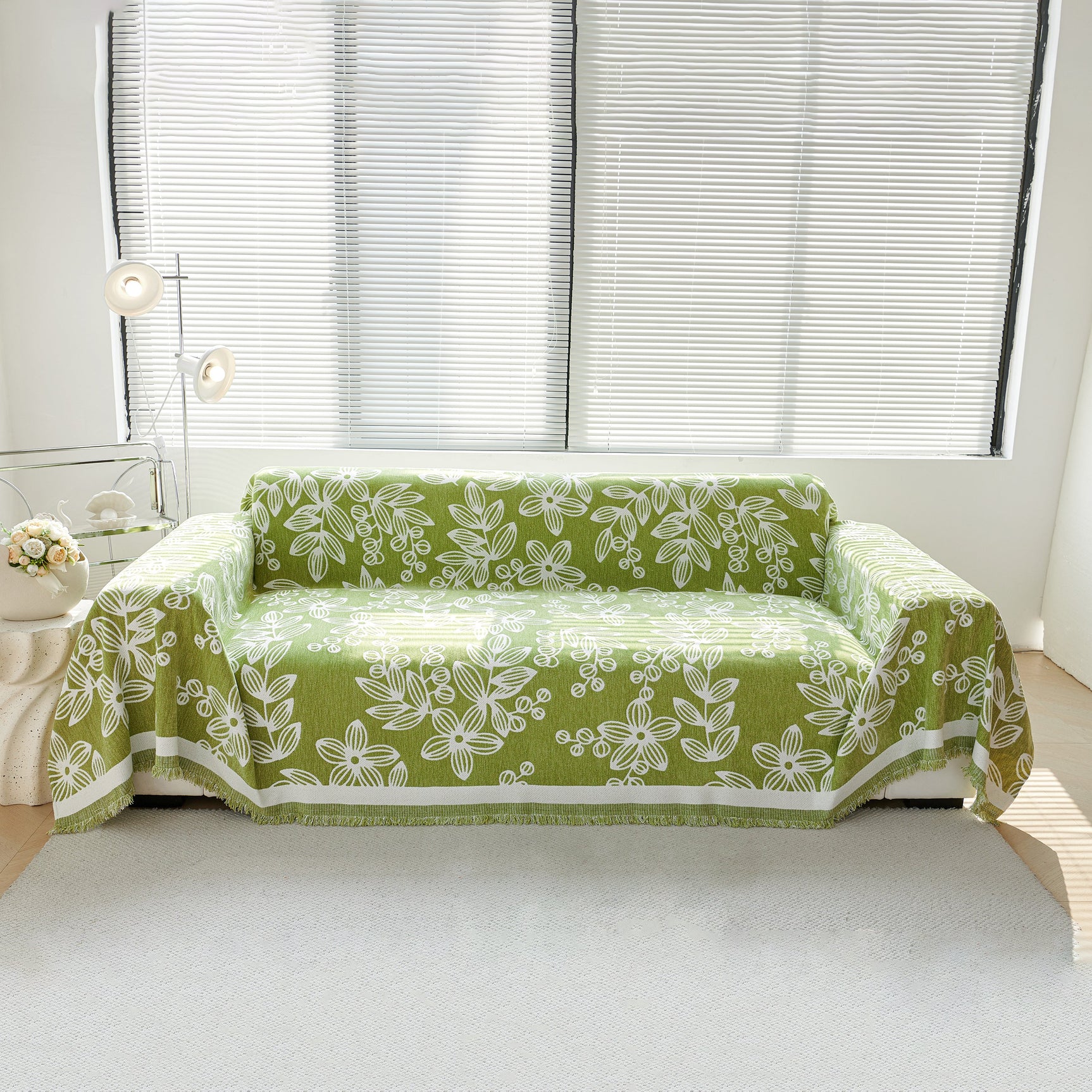 Floral Symphony Couch Throw Cover with Tassel, Chenille Sofa Cover with Leafy Melodies for Sectional - Ornate Home