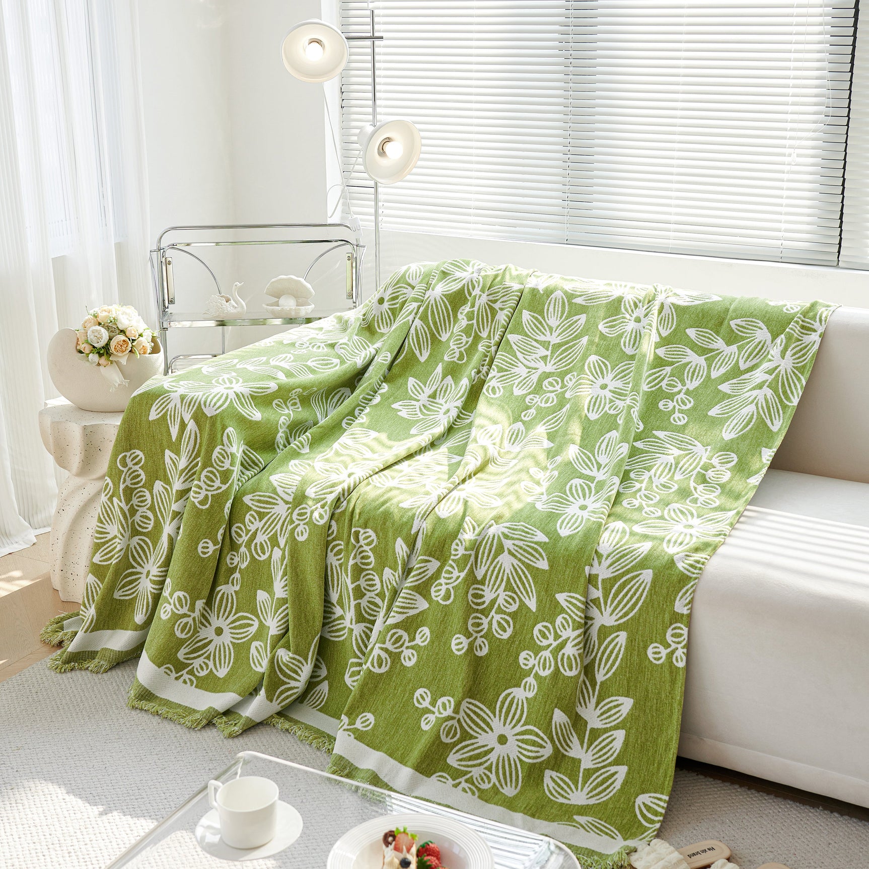 Floral Symphony Couch Throw Cover with Tassel, Chenille Sofa Cover with Leafy Melodies for Sectional - Ornate Home