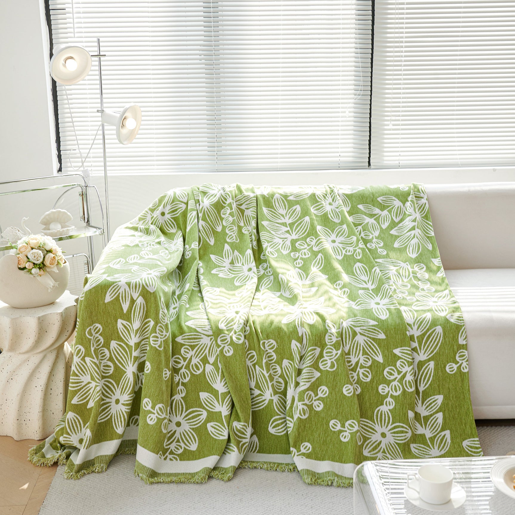 Floral Symphony Couch Throw Cover with Tassel, Chenille Sofa Cover with Leafy Melodies for Sectional - Ornate Home