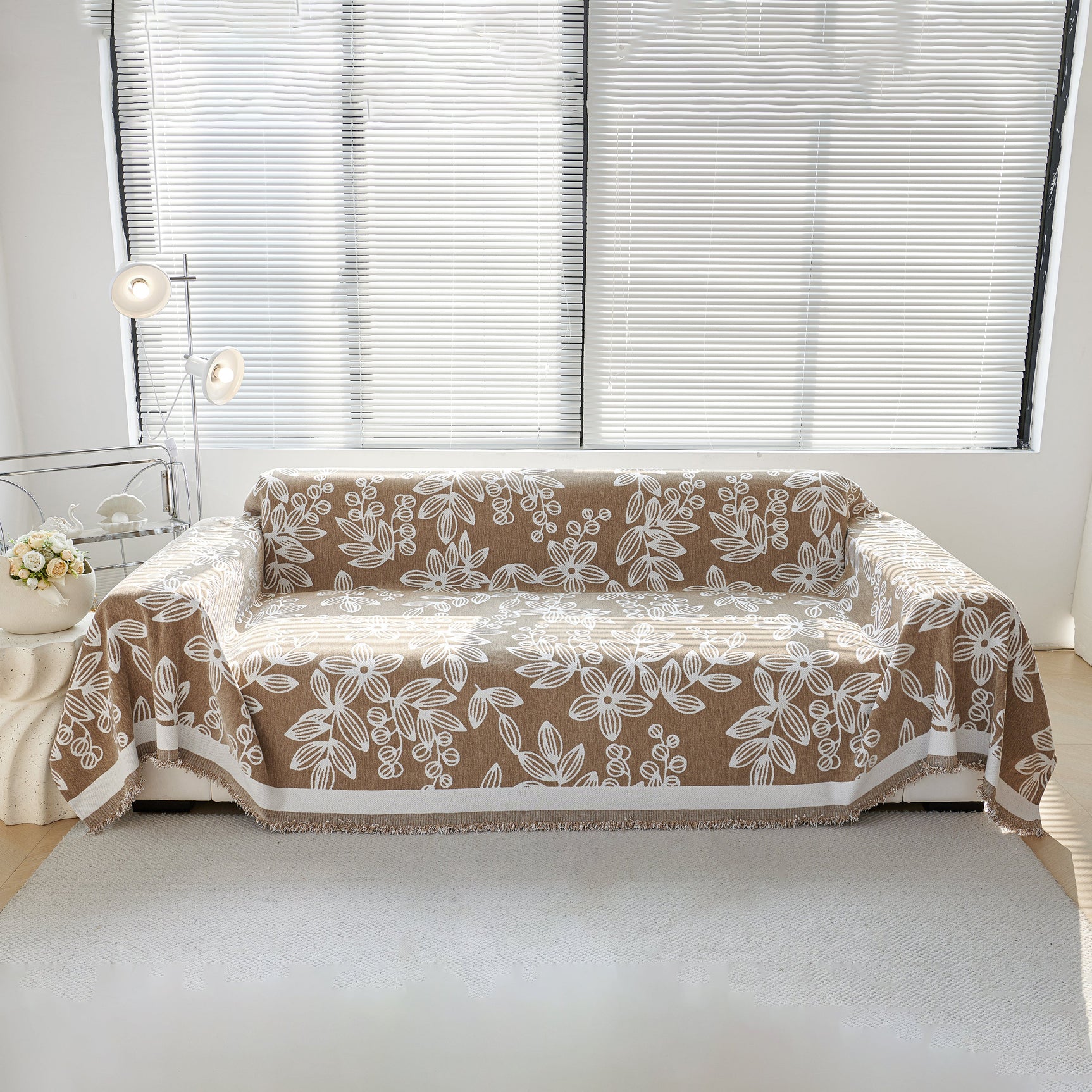 Floral Symphony Couch Throw Cover with Tassel, Chenille Sofa Cover with Leafy Melodies for Sectional - Ornate Home