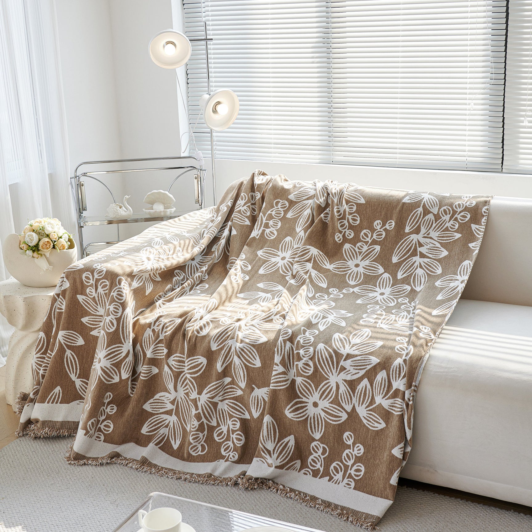 Floral Symphony Couch Throw Cover with Tassel, Chenille Sofa Cover with Leafy Melodies for Sectional - Ornate Home