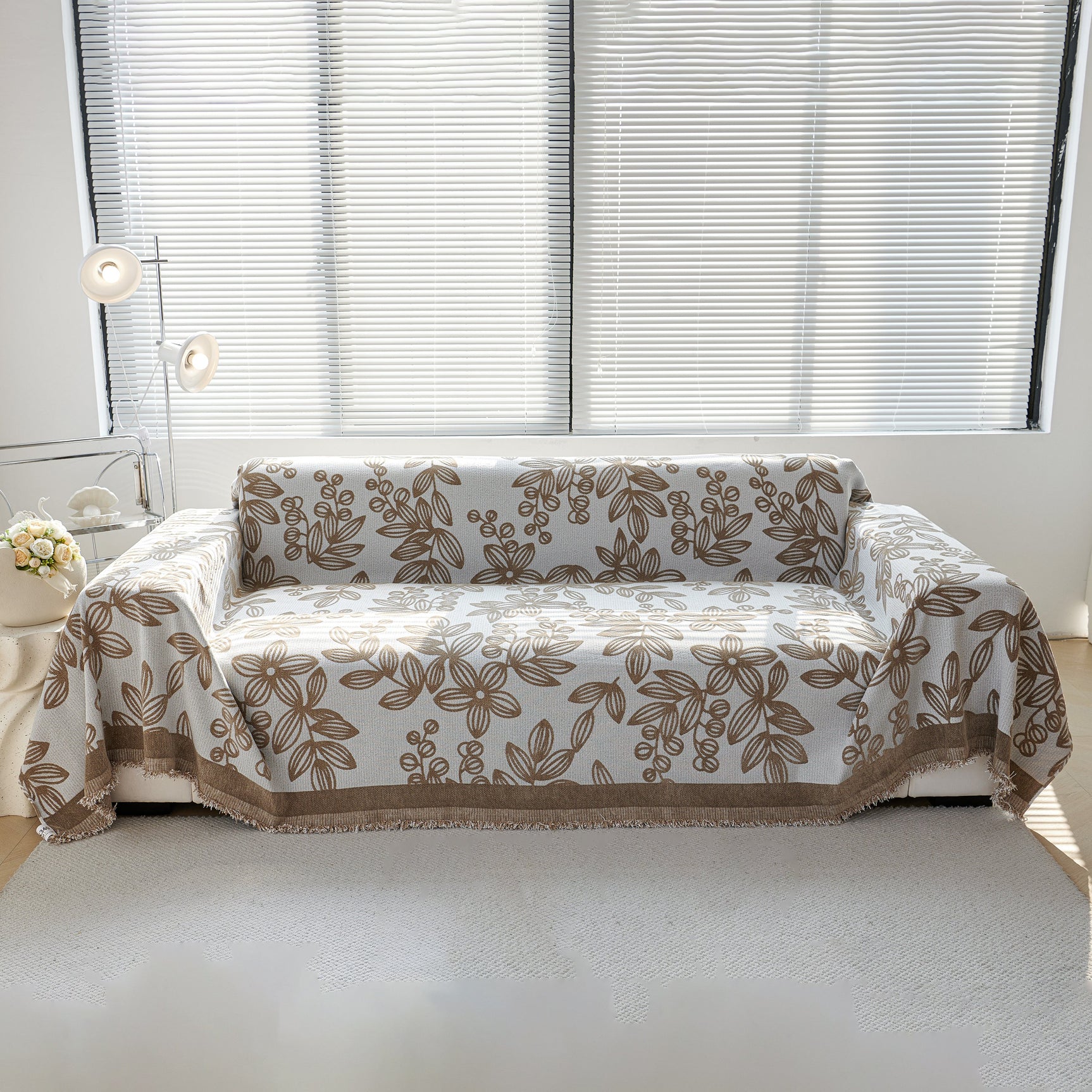 Floral Symphony Couch Throw Cover with Tassel, Chenille Sofa Cover with Leafy Melodies for Sectional - Ornate Home