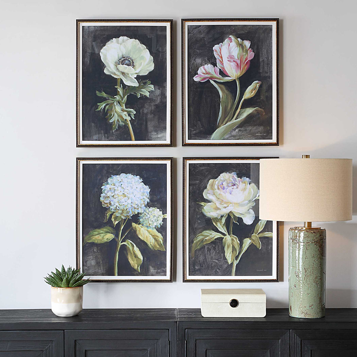 Florals On Black Gold Framed Prints (Set of 4) - Ornate Home