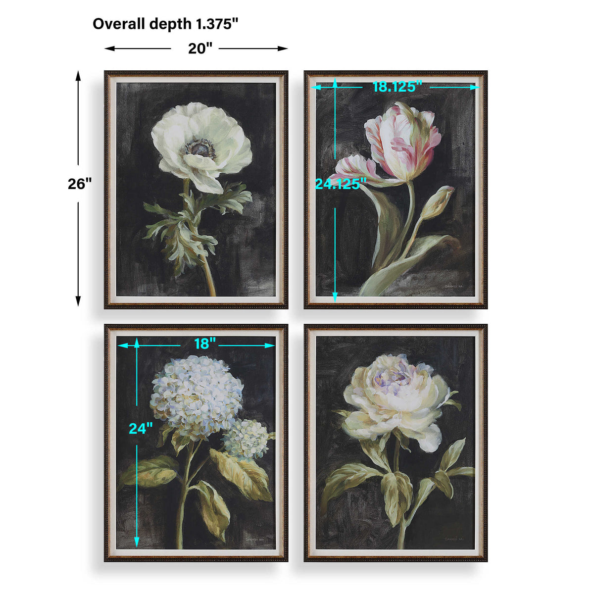 Florals On Black Gold Framed Prints (Set of 4) - Ornate Home
