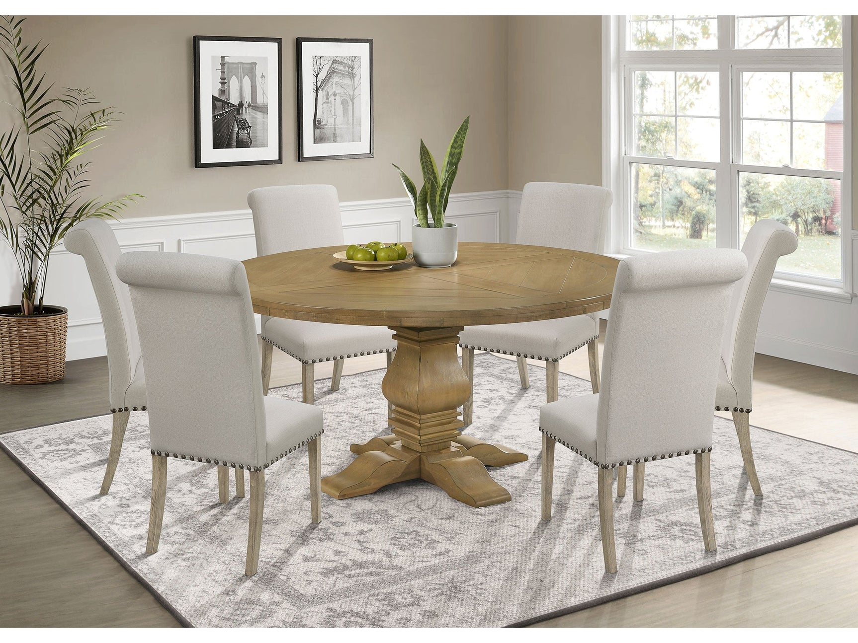 Florence Rustic Honey 7-piece Round Dining Room Set with Scroll Chair - Ornate Home