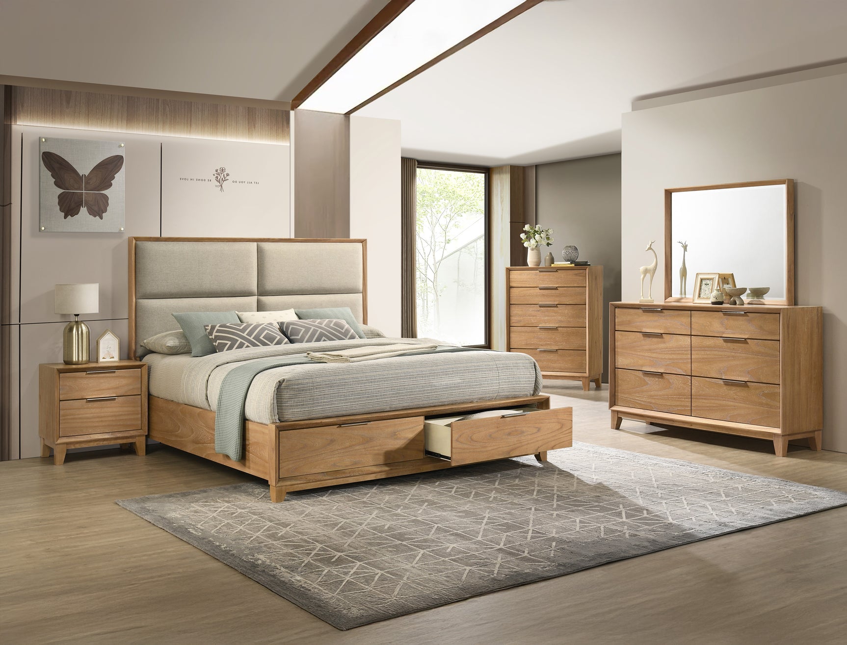Florian Natural Queen Upholstered Storage Platform Bed - Ornate Home