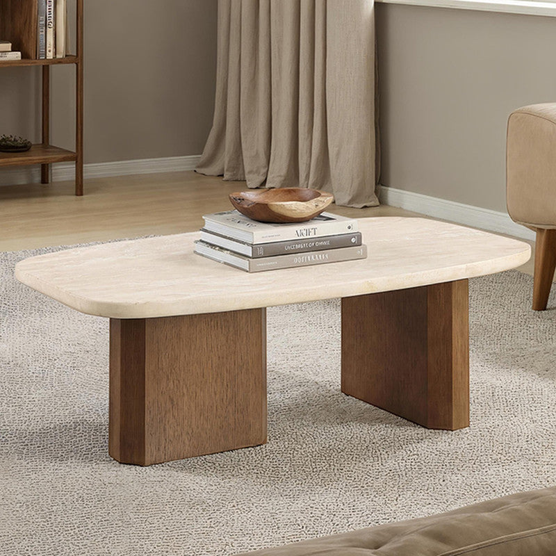 Florian Yellow Travertine/Brown Oak Coffee Table - Ornate Home