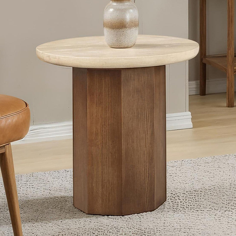 Florian Yellow Travertine/Brown Oak End Table - Ornate Home