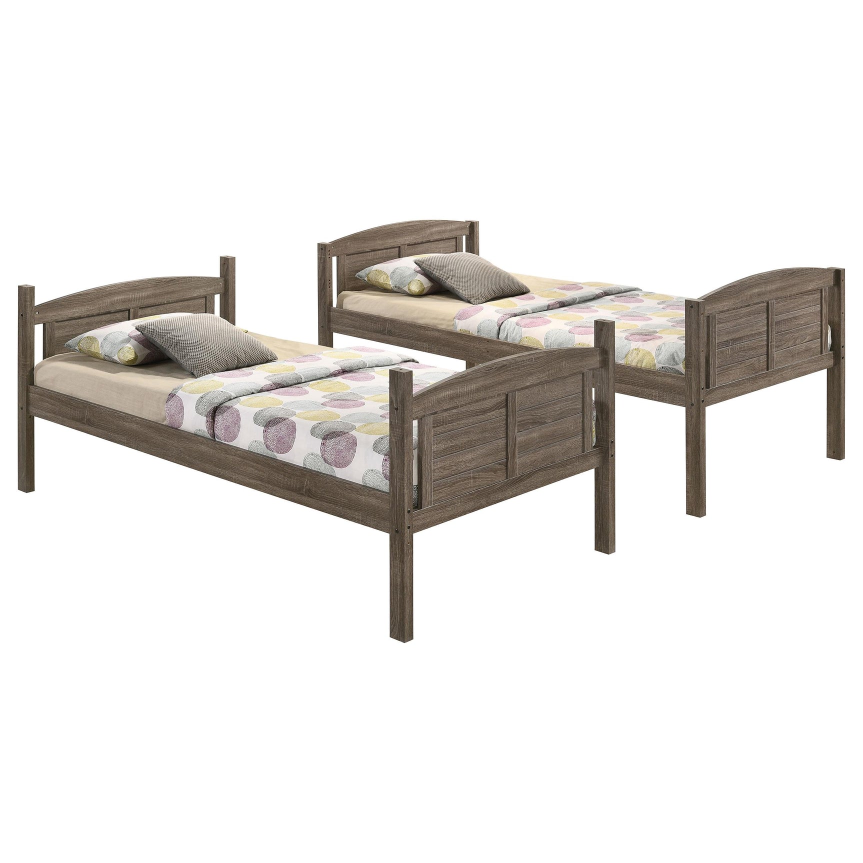 Flynn Weathered Brown Wood Twin Over Twin Bunk Bed with Mattress - Ornate Home
