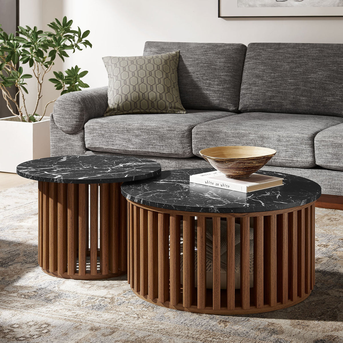 Fortitude Walnut/Black Round Faux Marble Top Nesting Coffee Table - Ornate Home