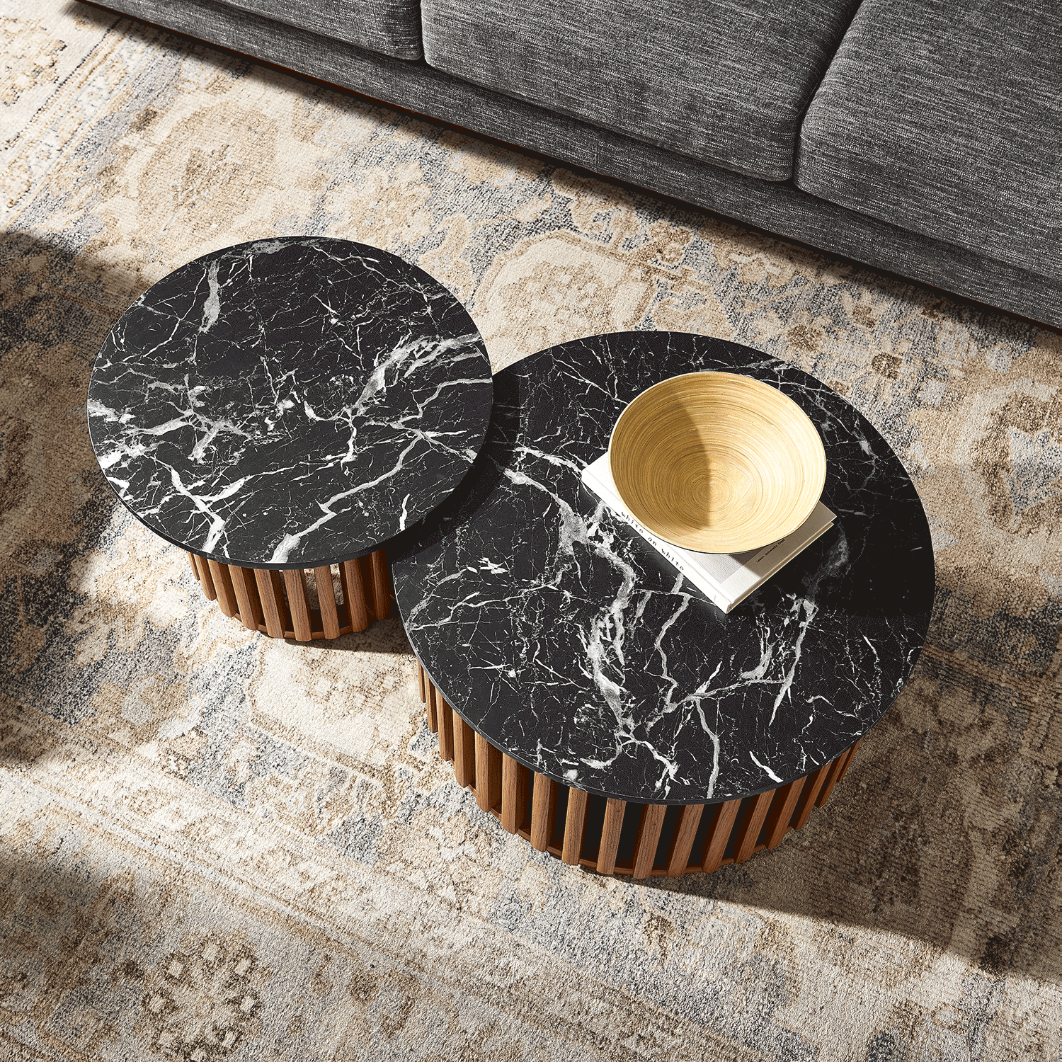 Fortitude Walnut/Black Round Faux Marble Top Nesting Coffee Table - Ornate Home