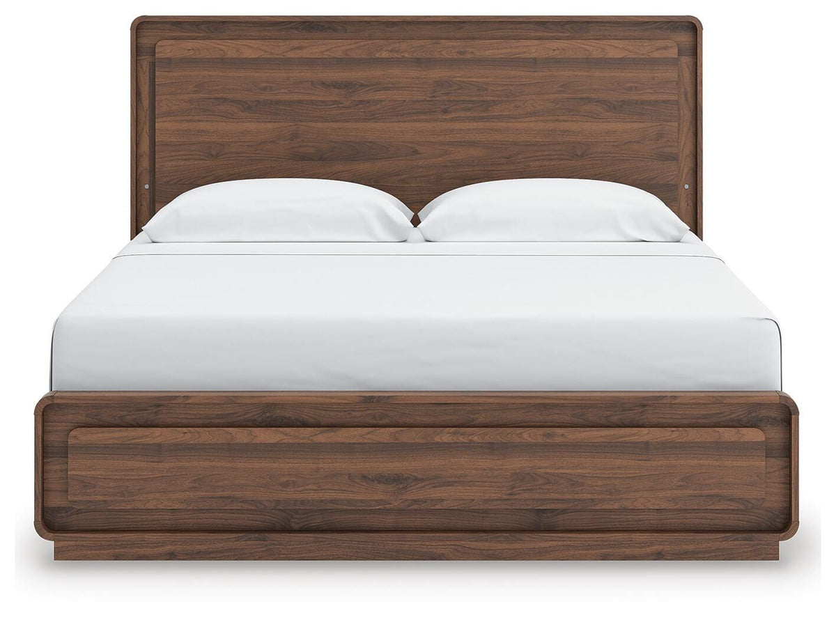 Fortlorn Walnut Brown King Panel Bed, Dresser, Mirror and Chest - Ornate Home