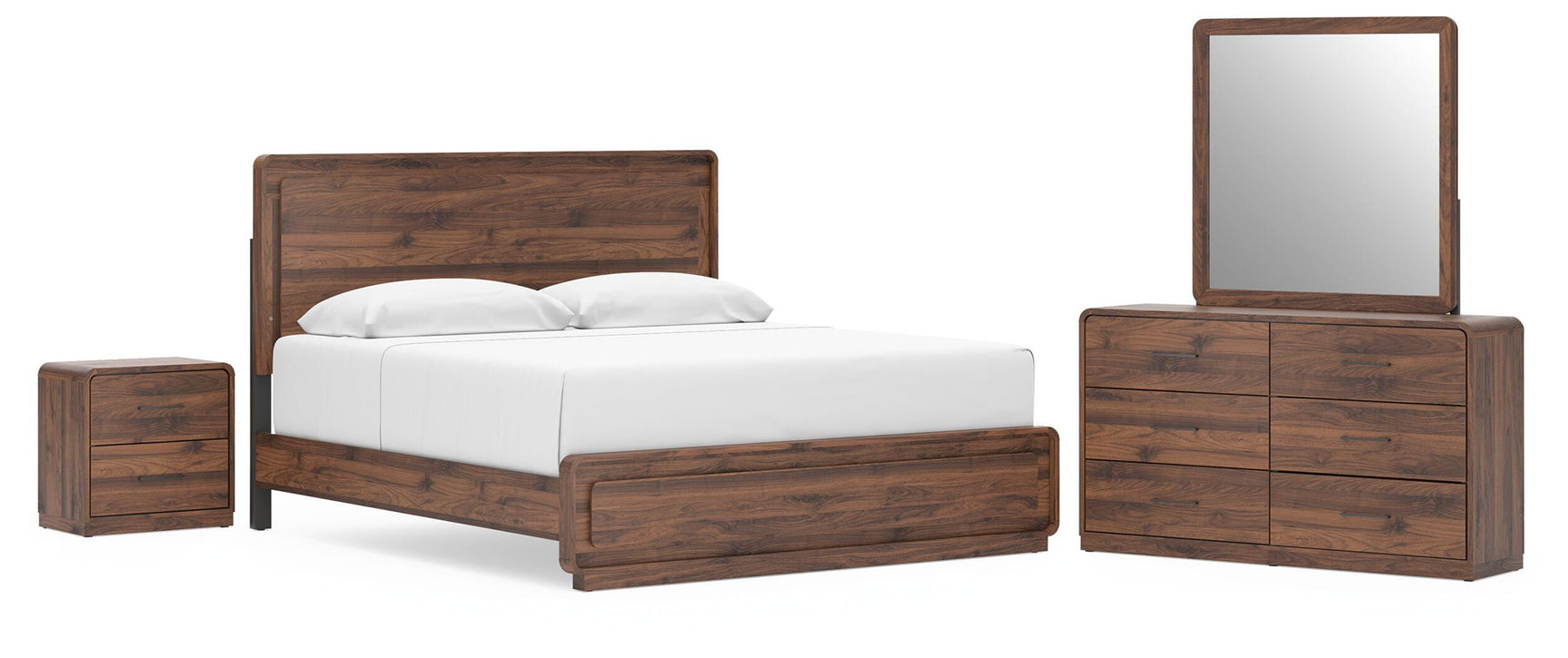 Fortlorn Walnut Brown King Panel Bed, Dresser, Mirror and Nightstand - Ornate Home