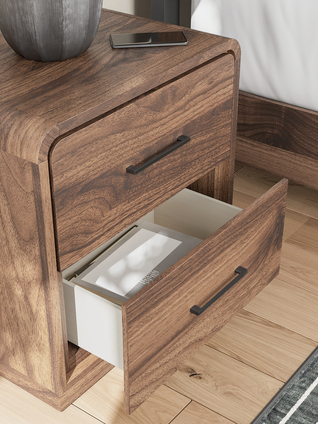 Fortlorn Walnut Brown King Panel Bed, Dresser and Nightstand - Ornate Home