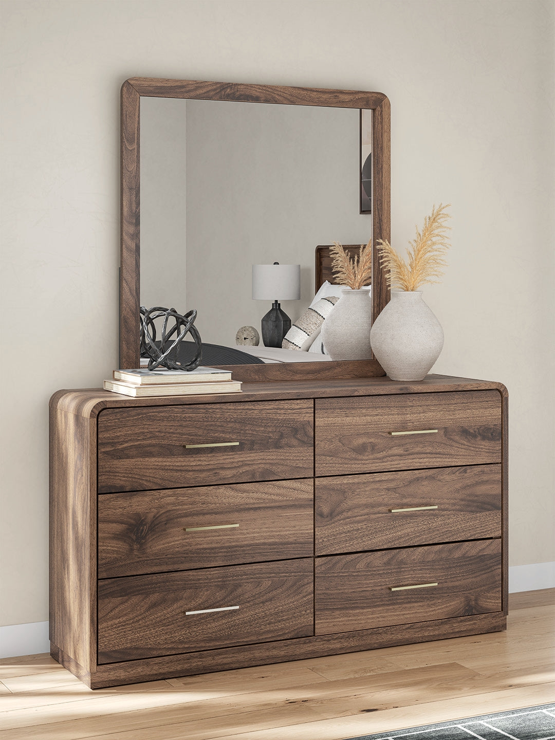 Fortlorn Walnut Brown Queen Panel Bed, Dresser, Mirror and Nightstand (Online Special Price) - Ornate Home