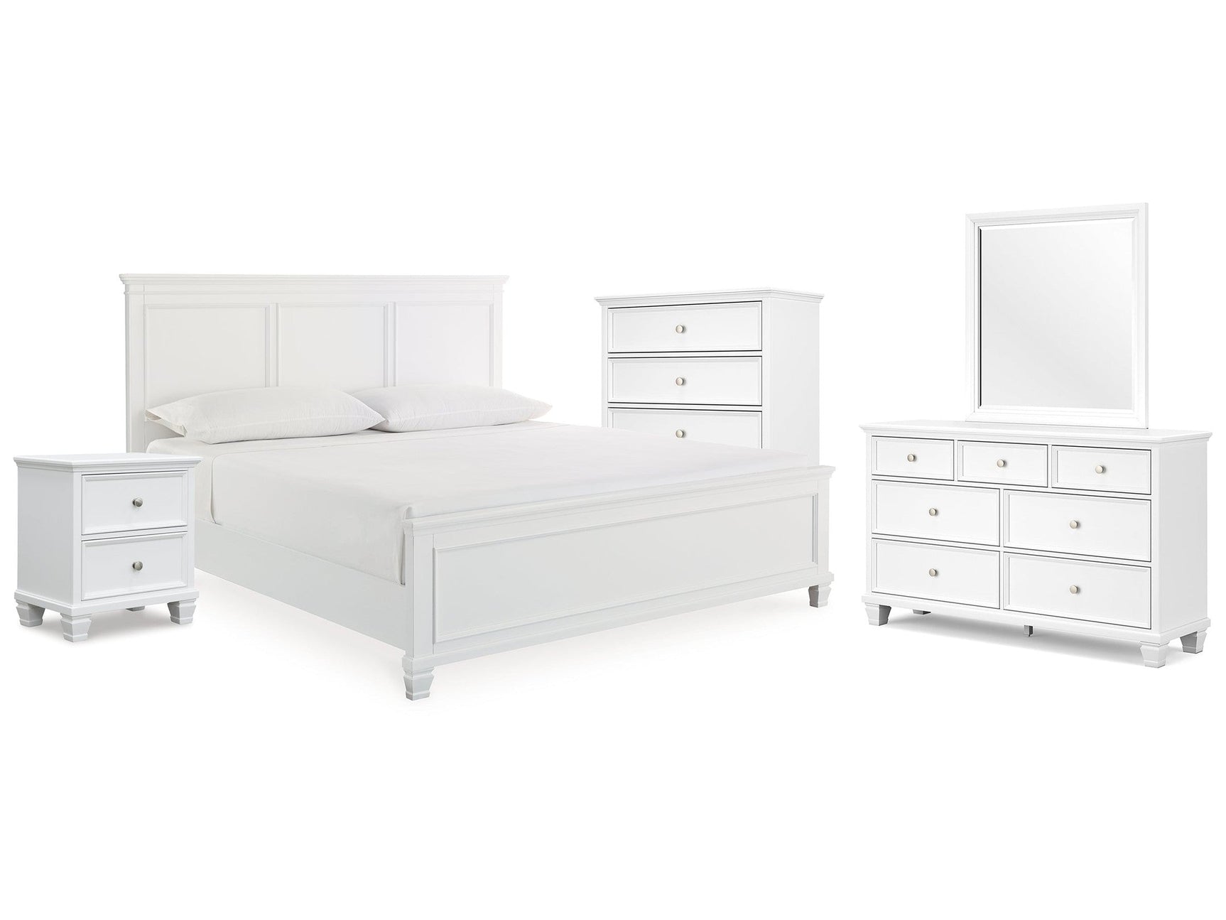 Fortman White King Panel Bed, Dresser, Mirror, Chest and Nightstand (Online Special Price) - Ornate Home