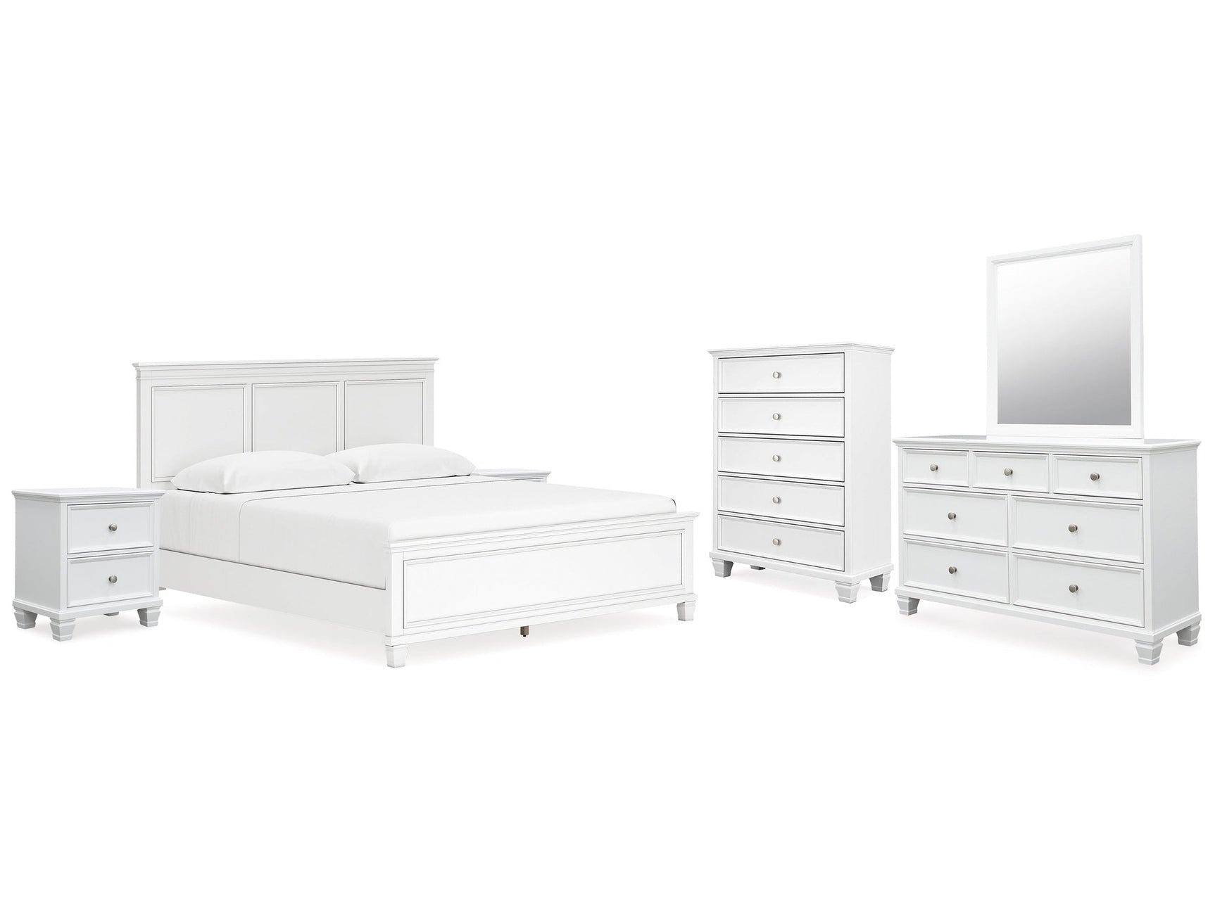 Fortman White King Panel Bedroom Set with Dresser, Mirror, Chest and 2 Nightstands (Online Special Price) - Ornate Home