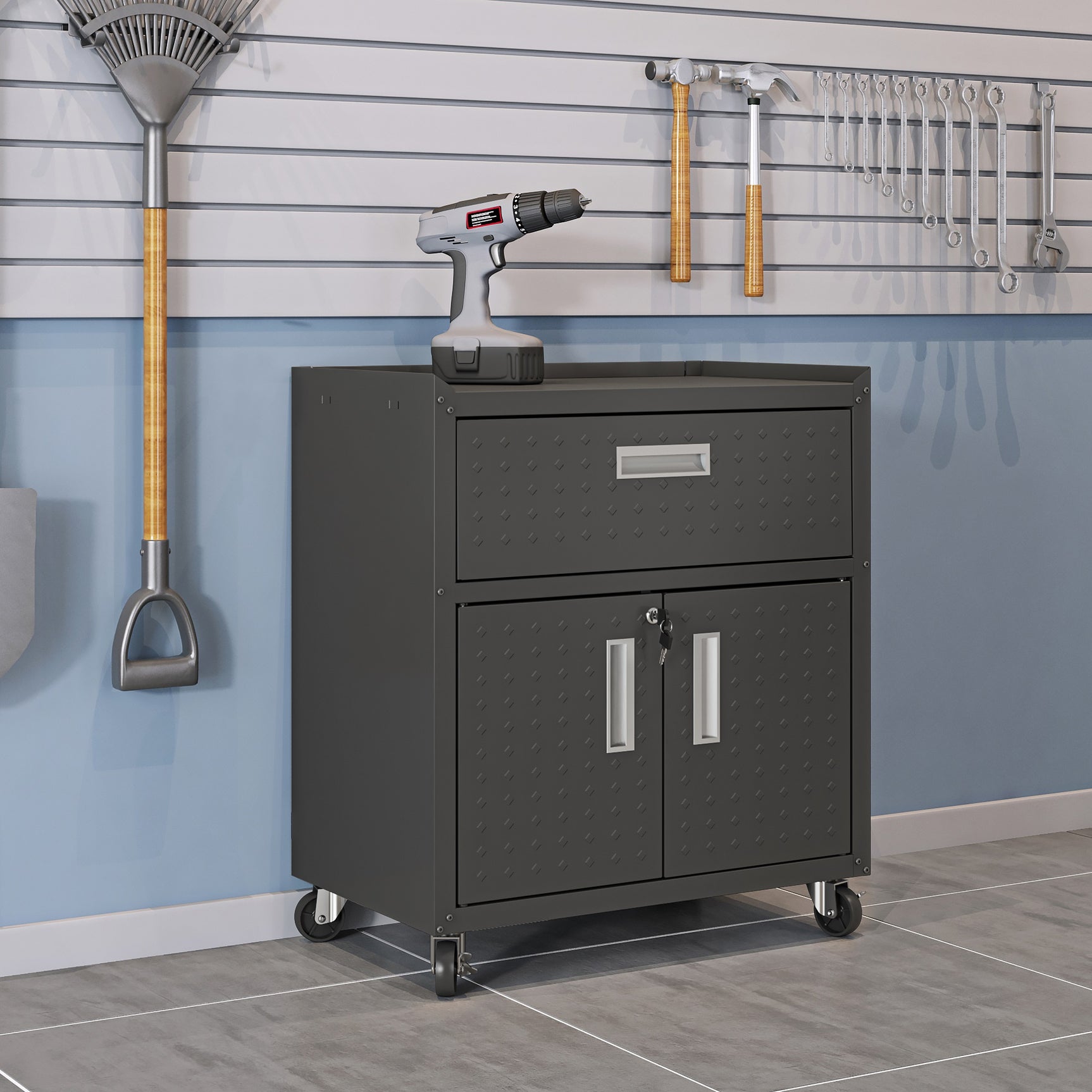 Fortress 31.5" Mobile Garage Cabinet with Drawer and Shelves in Charcoal Grey - Ornate Home