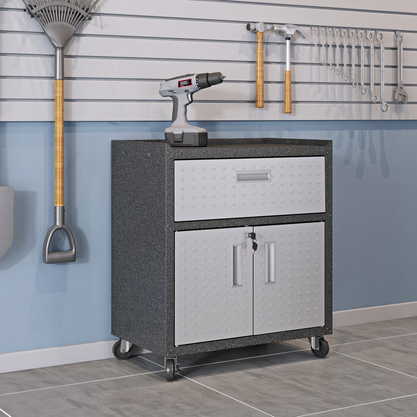 Fortress 31.5" Mobile Garage Cabinet with Drawer and Shelves in Grey - Ornate Home