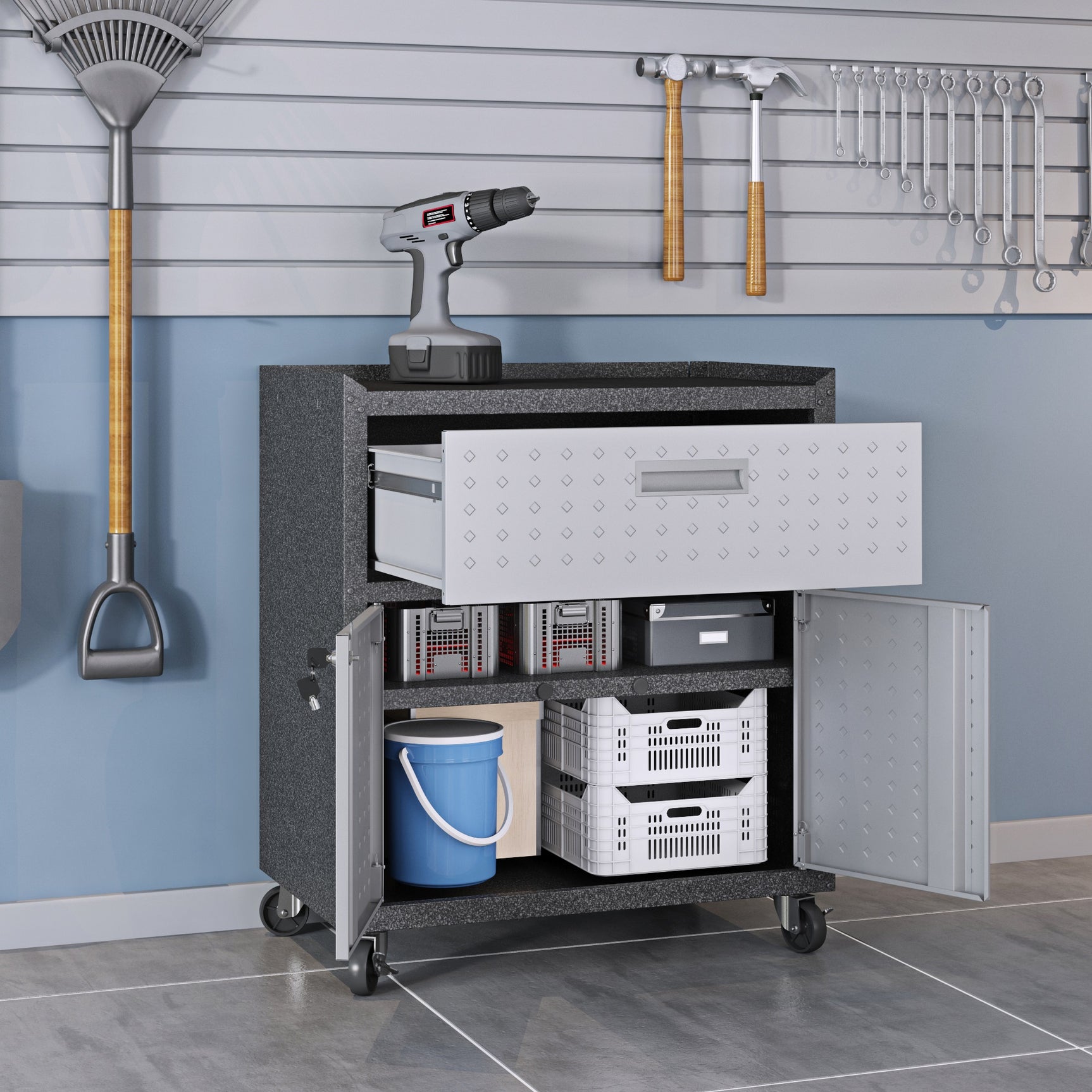 Fortress 31.5" Mobile Garage Cabinet with Drawer and Shelves in Grey - Ornate Home