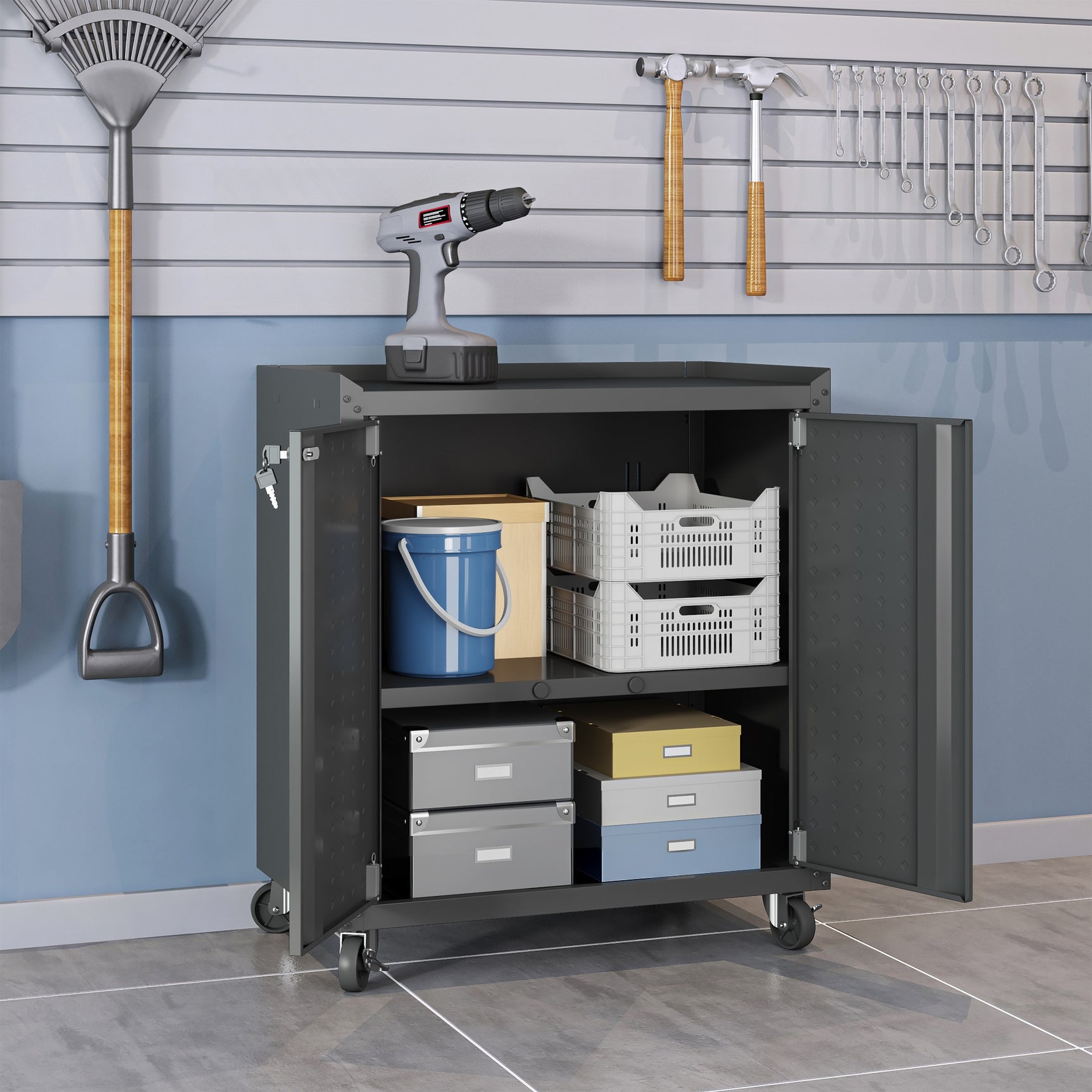 Fortress 31.5" Mobile Garage Cabinet with Shelves in Charcoal Grey - Ornate Home