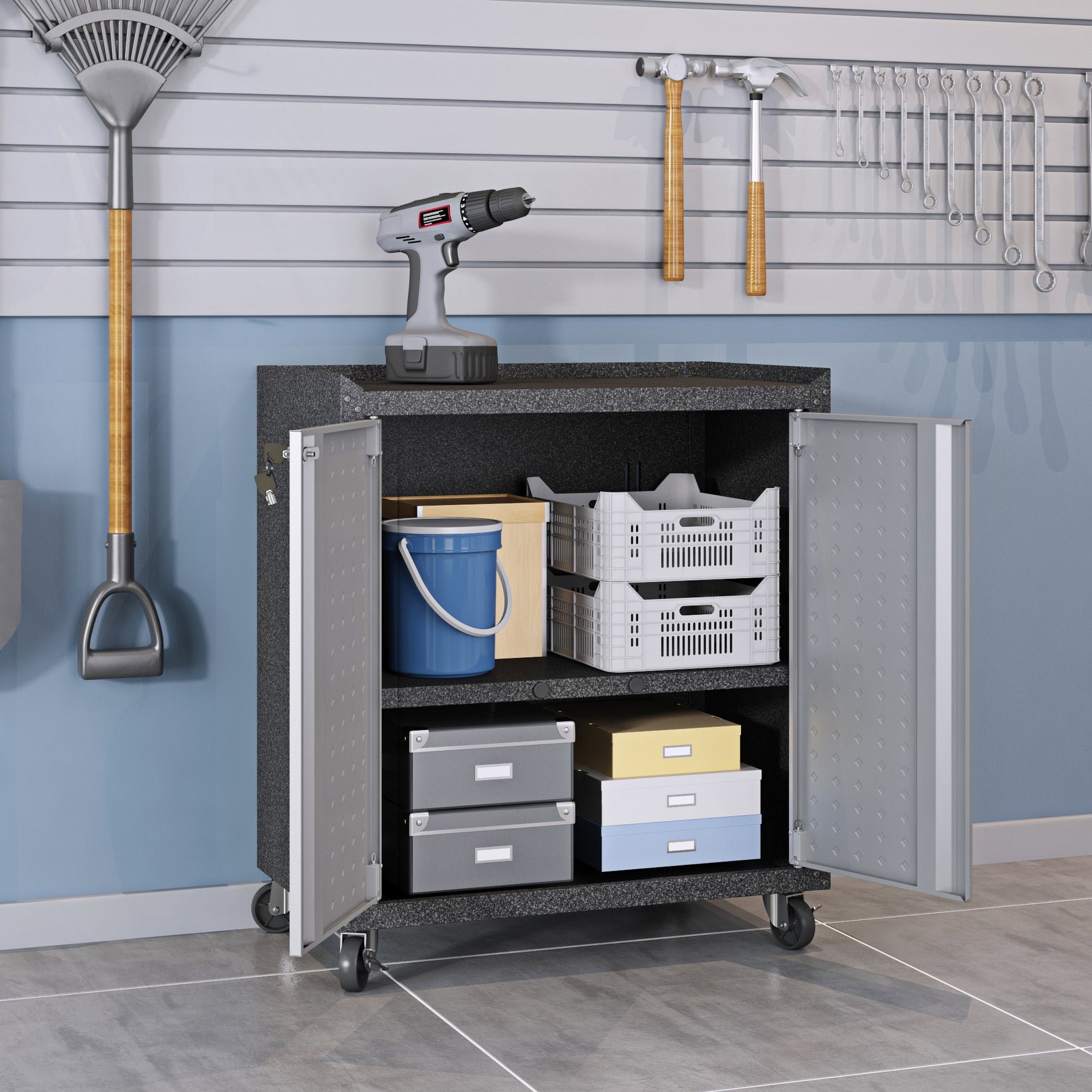 Fortress 31.5" Mobile Garage Cabinet with Shelves in Grey - Ornate Home