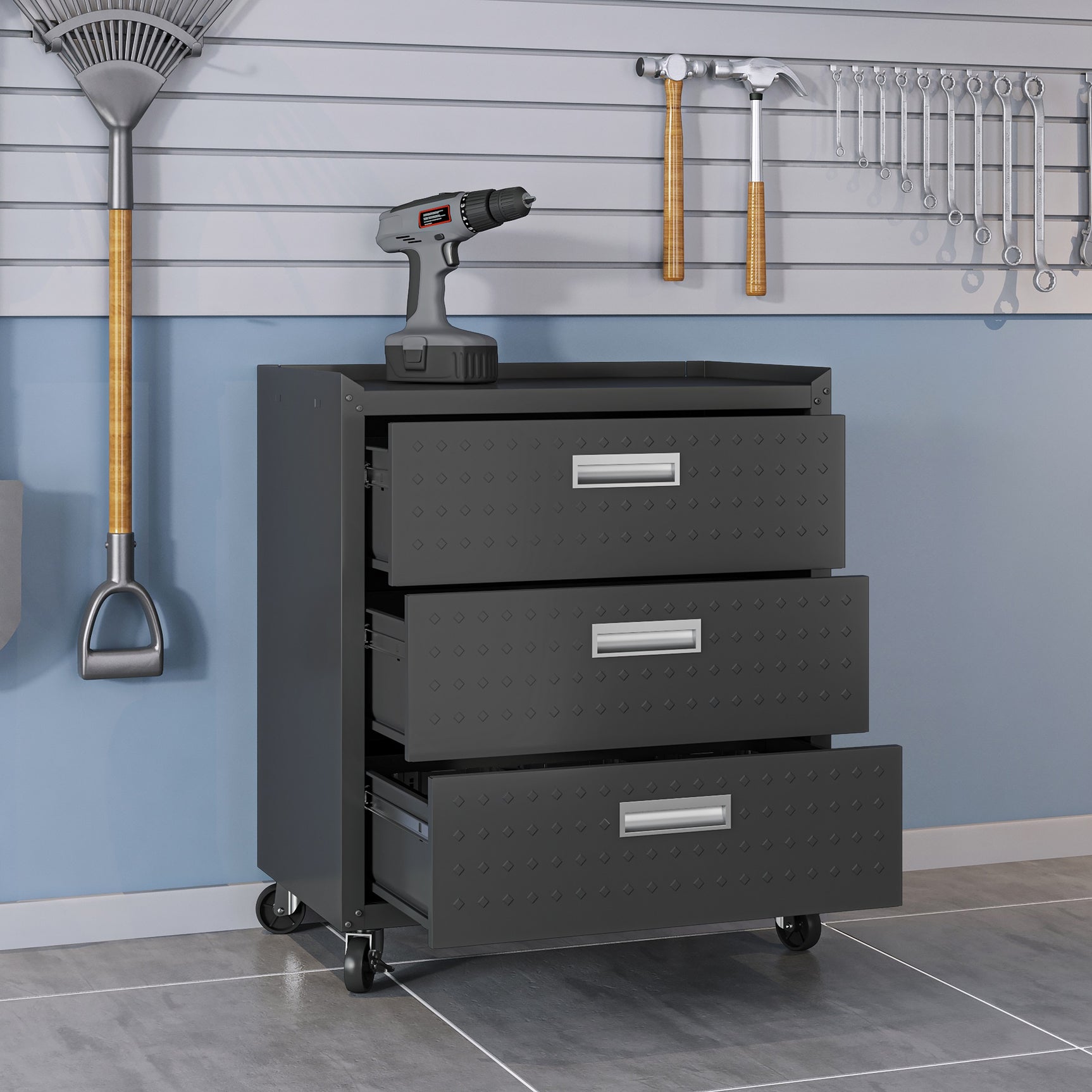 Fortress 31.5" Mobile Garage Chest with Drawers in Charcoal Grey - Ornate Home