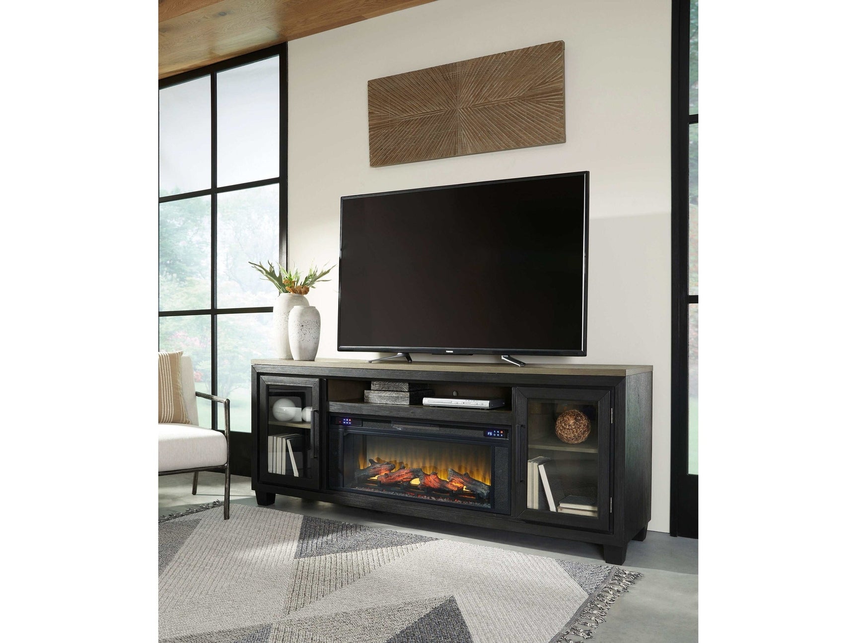 Foyland Black & Brown 83" TV Stand w/ Electric Fireplace Insert - Ornate Home