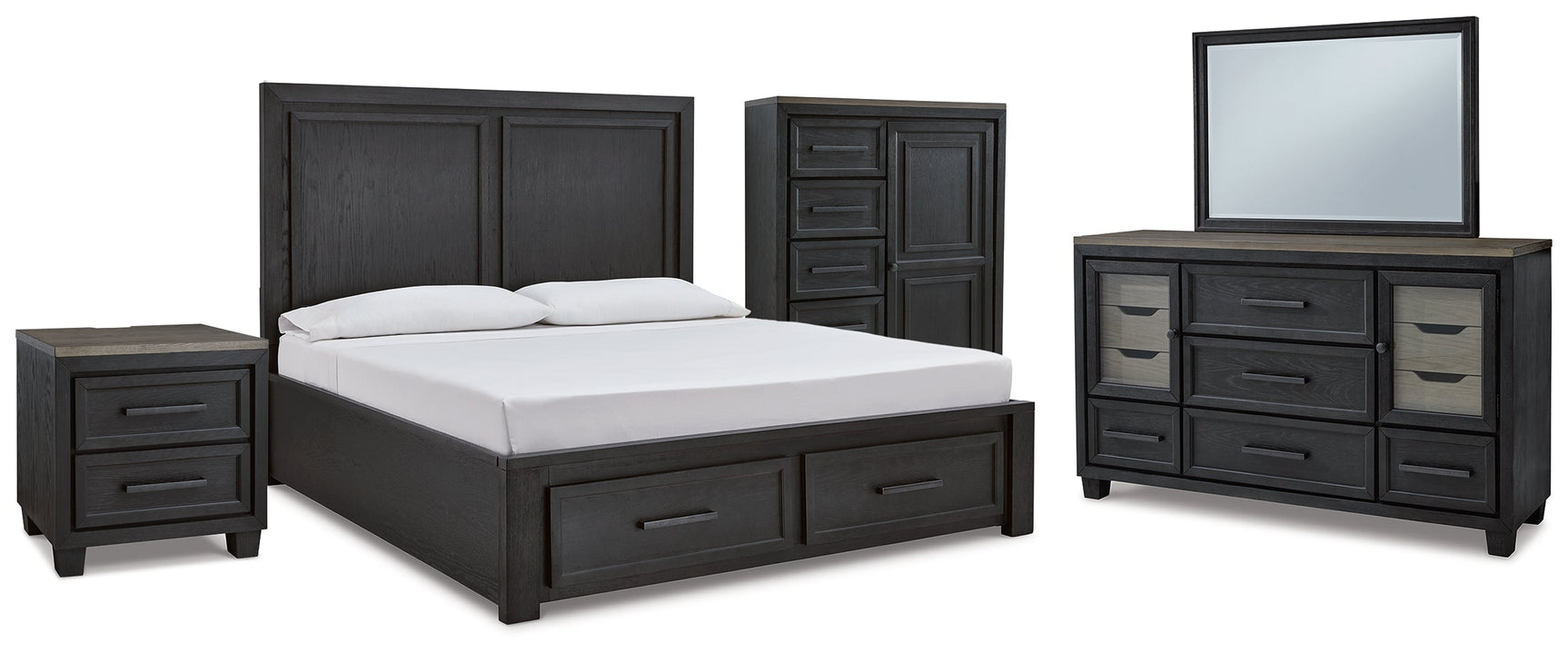 Foyland Black/Brown Cal King Panel Storage Bedroom Set with Dresser, Mirror, Chest and Nightstand - Ornate Home