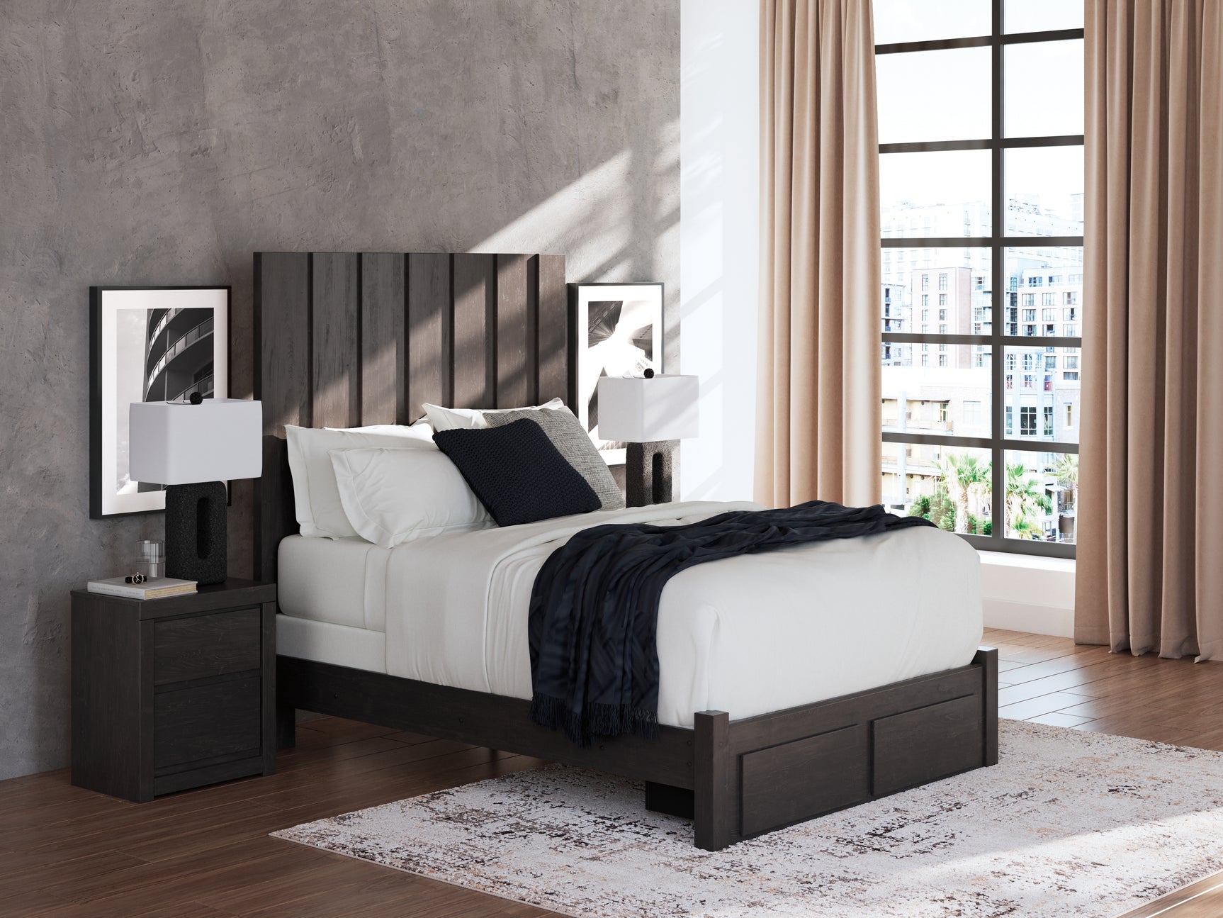 Fraluna Charcoal Queen Panel Storage Bed, Dresser and Mirror - Ornate Home