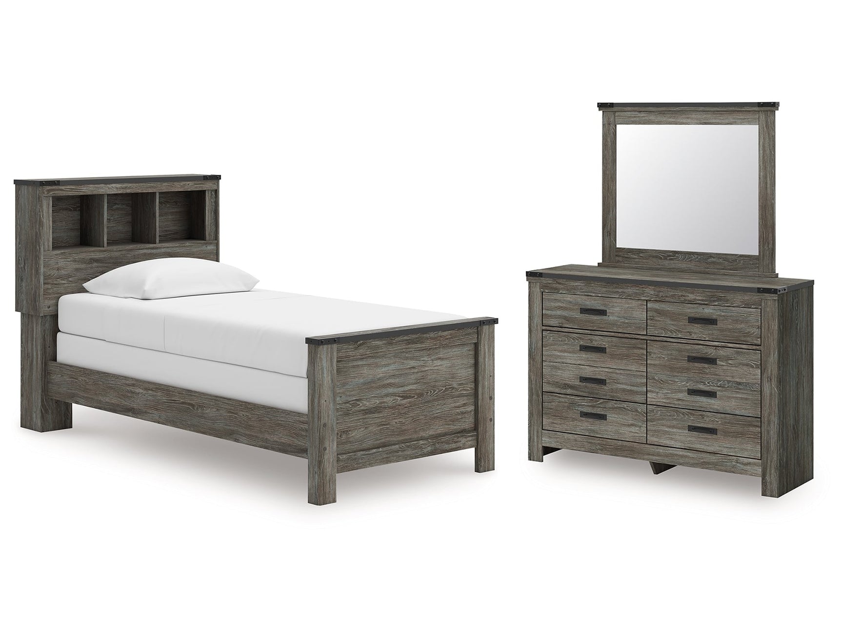 Frandern Gray Twin Bookcase Bed, Dresser and Mirror - Ornate Home