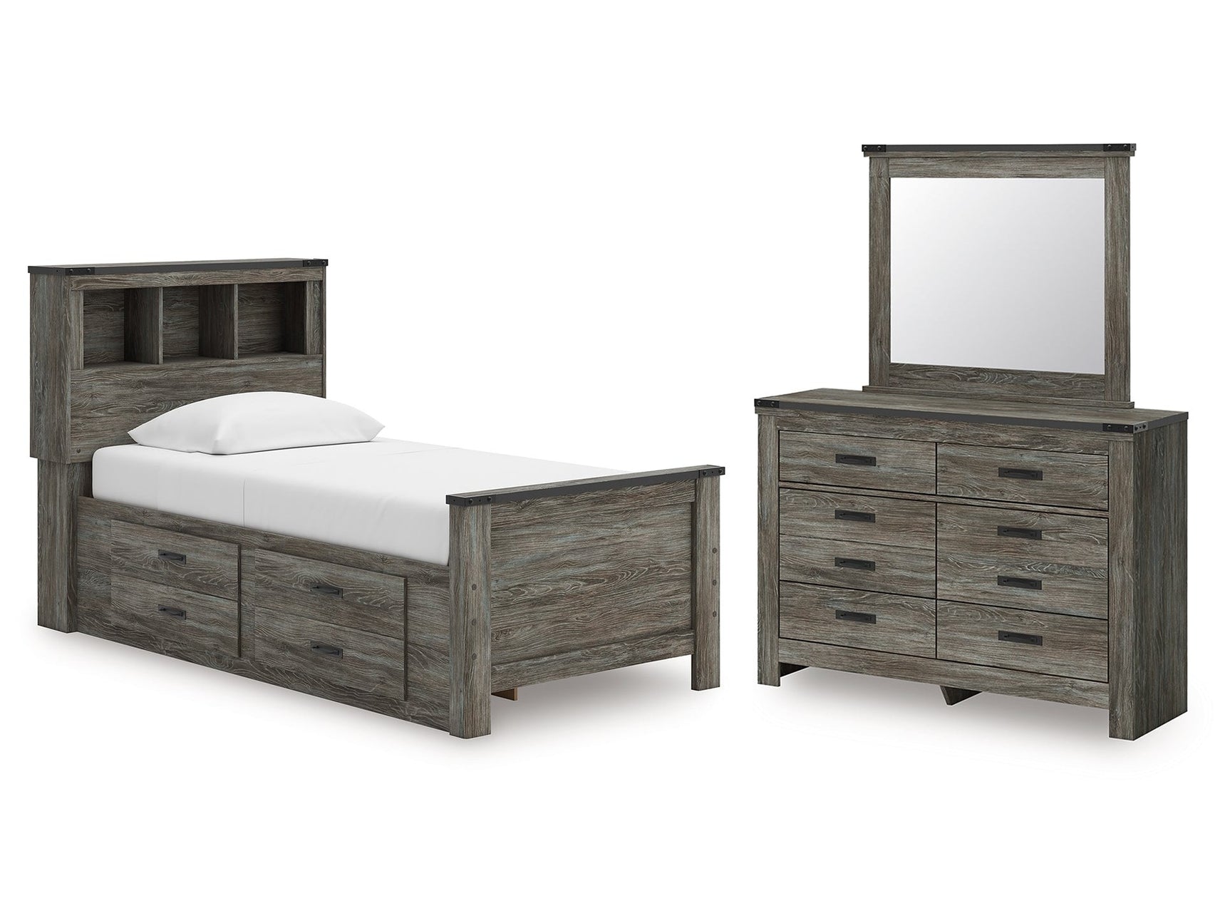 Frandern Gray Twin Bookcase Bed with Storage, Dresser and Mirror - Ornate Home