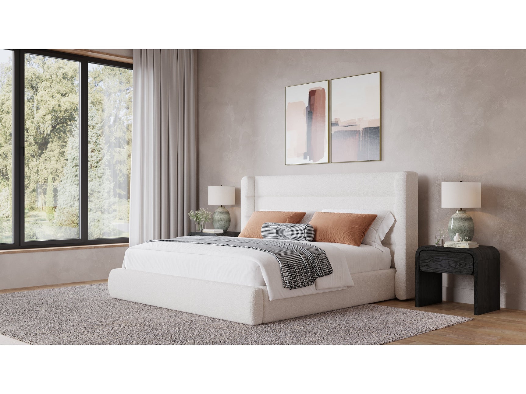 Frank Upholstered California King Wingback Platform Bed in Cottage Cheese Boucle - Ornate Home