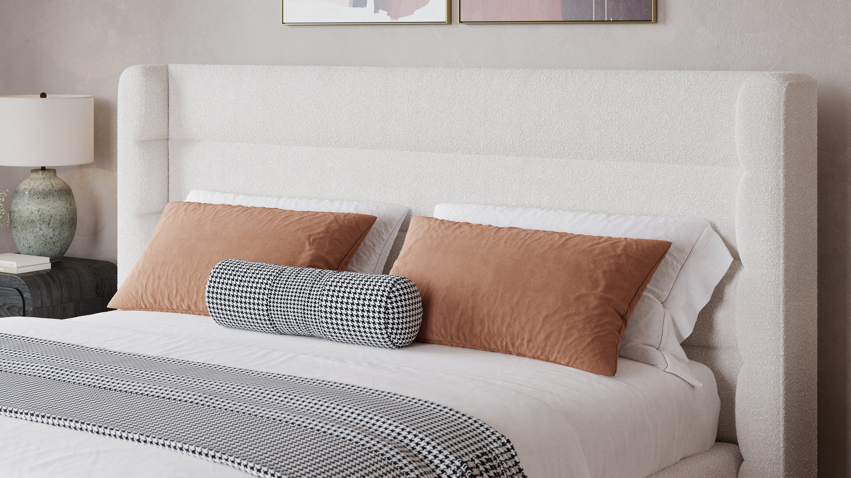 Frank Upholstered Eastern King Wingback Platform Bed in Cottage Cheese Boucle - Ornate Home