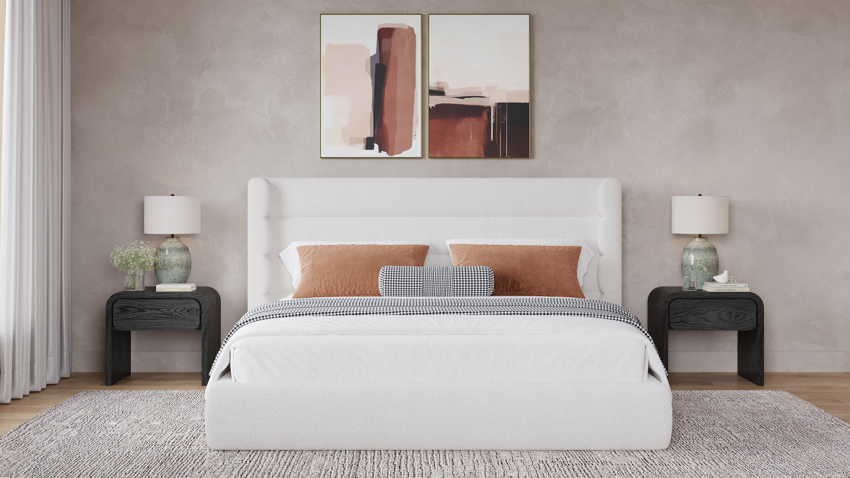 Frank Upholstered Queen Wingback Platform Bed in Cottage Cheese Boucle - Ornate Home