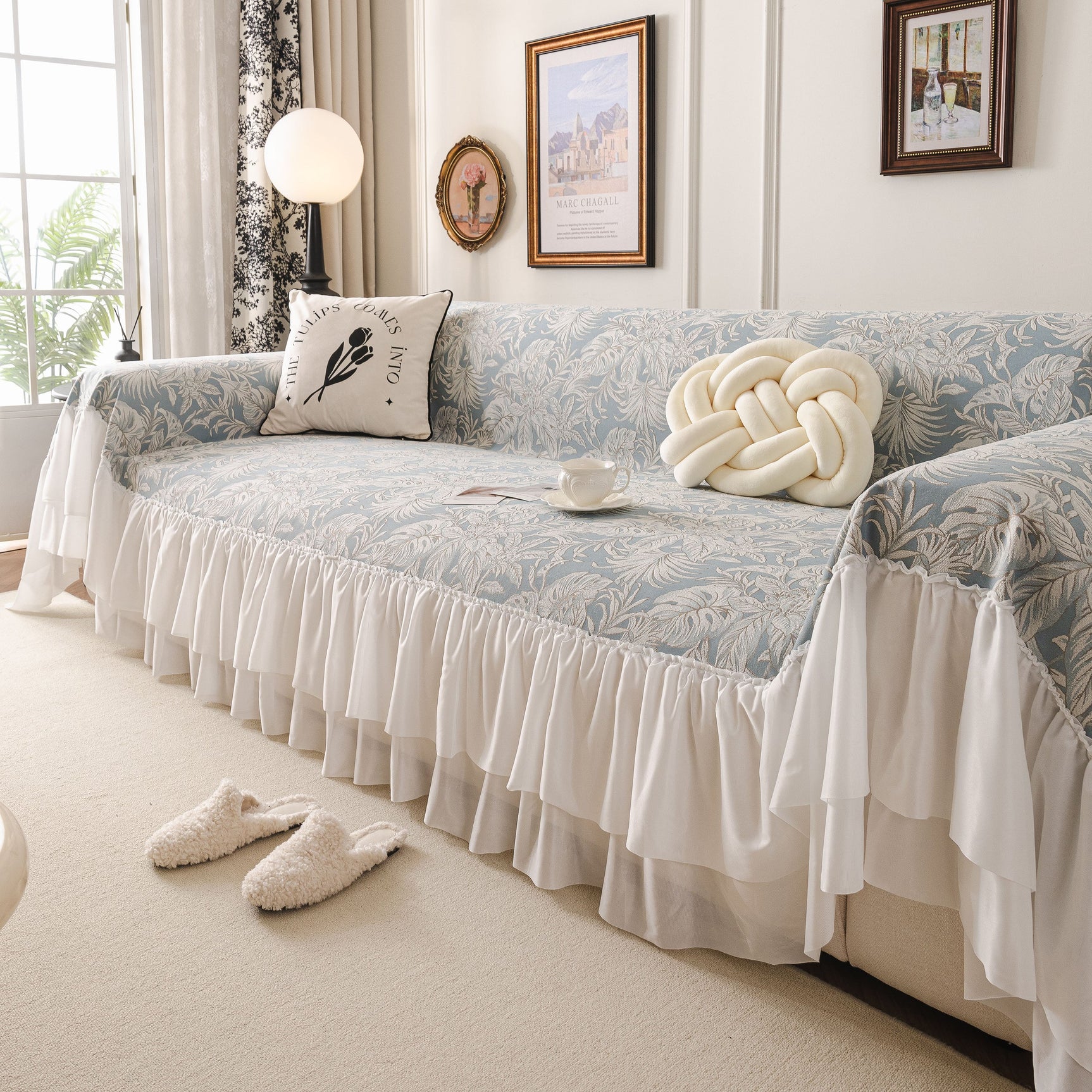 French Chic Style Ruffle Floral Cover Throws for Sofas, Decorative Couch Covers - Ornate Home