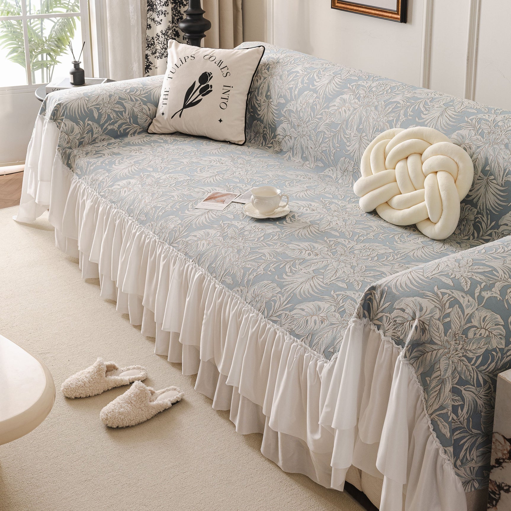 French Chic Style Ruffle Floral Cover Throws for Sofas, Decorative Couch Covers - Ornate Home