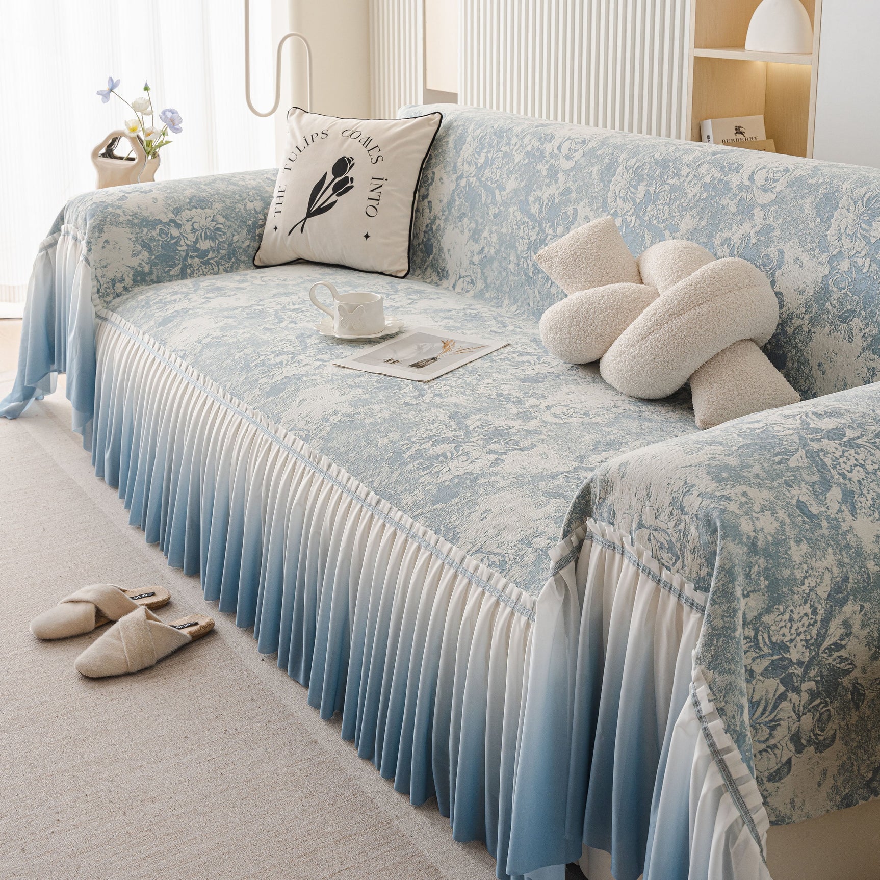 French Chic Style Ruffle Rose Cover Throw for Sofas, Decorative Sectional Covers - Ornate Home